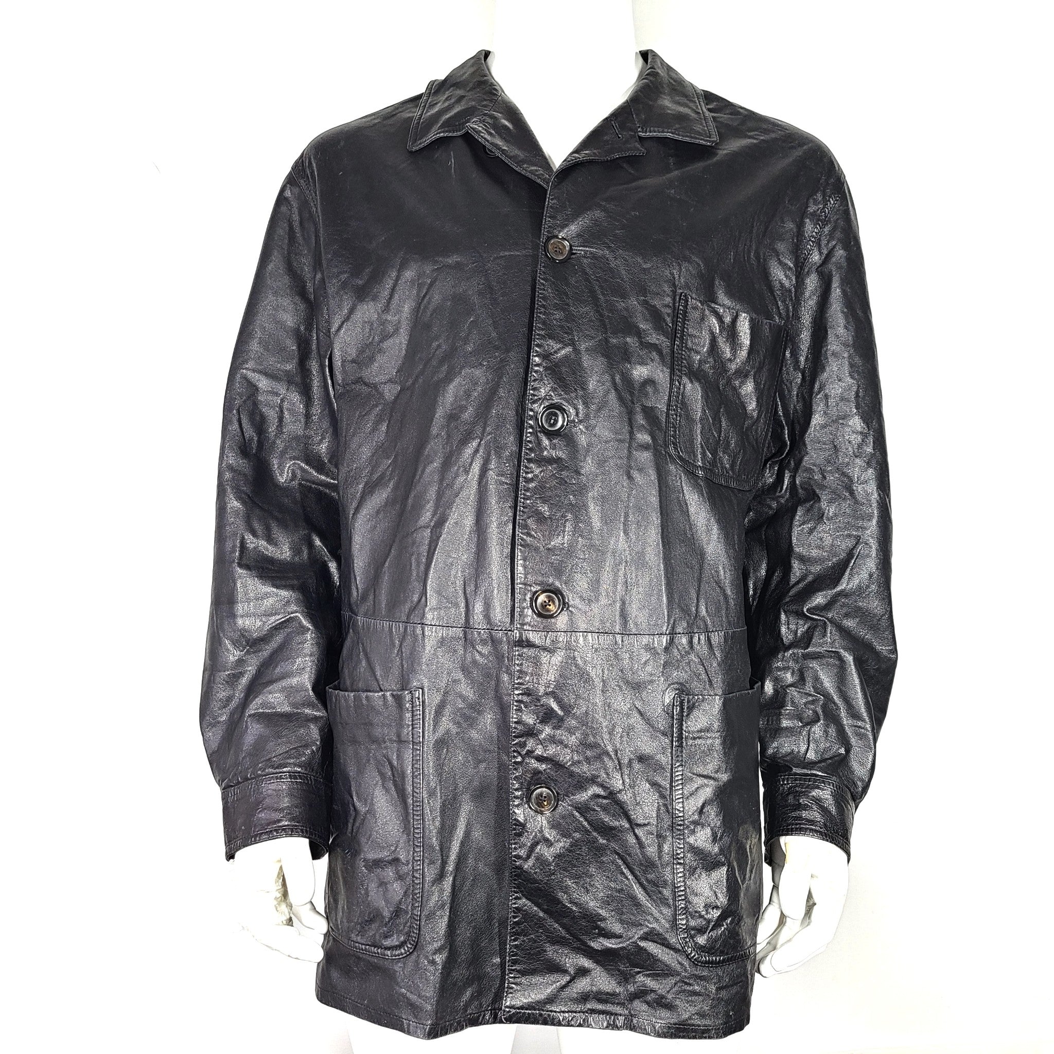 La Matta Vintage Men's Leather Jacket Moto Coat Button Down Black Sz XXL