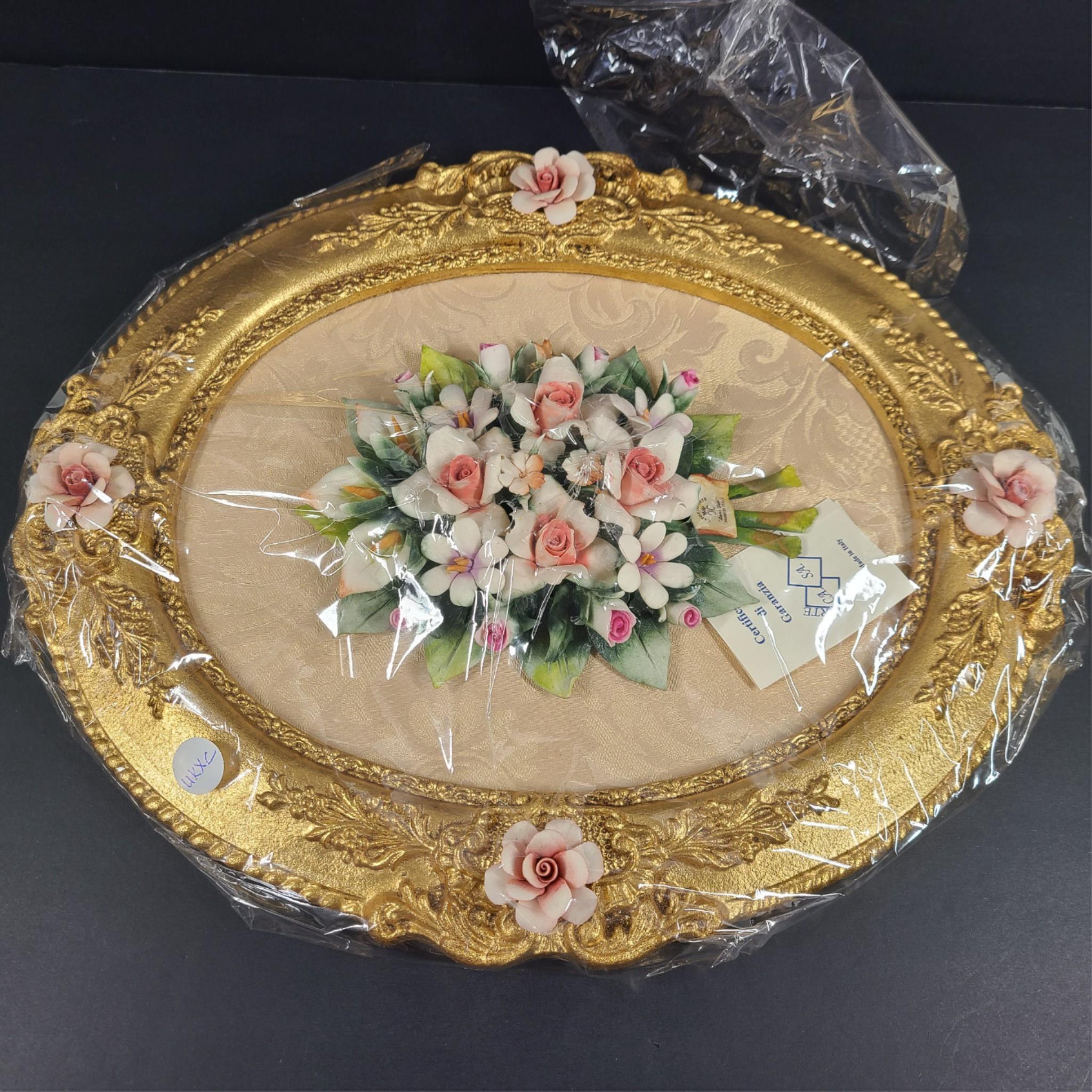 Capodimonte Linea Expo Porcelain Roses Bouquet Painting Gold Frame Italy