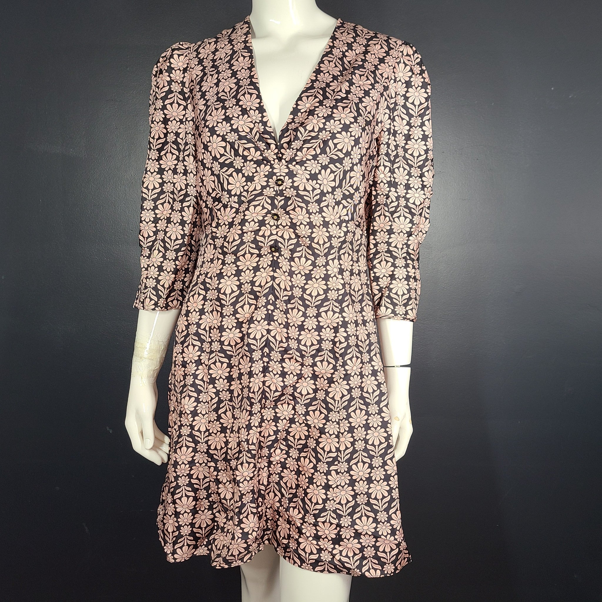 Sandro Paris Floral Printed Silk Dress Pink Black Sz 8 / L