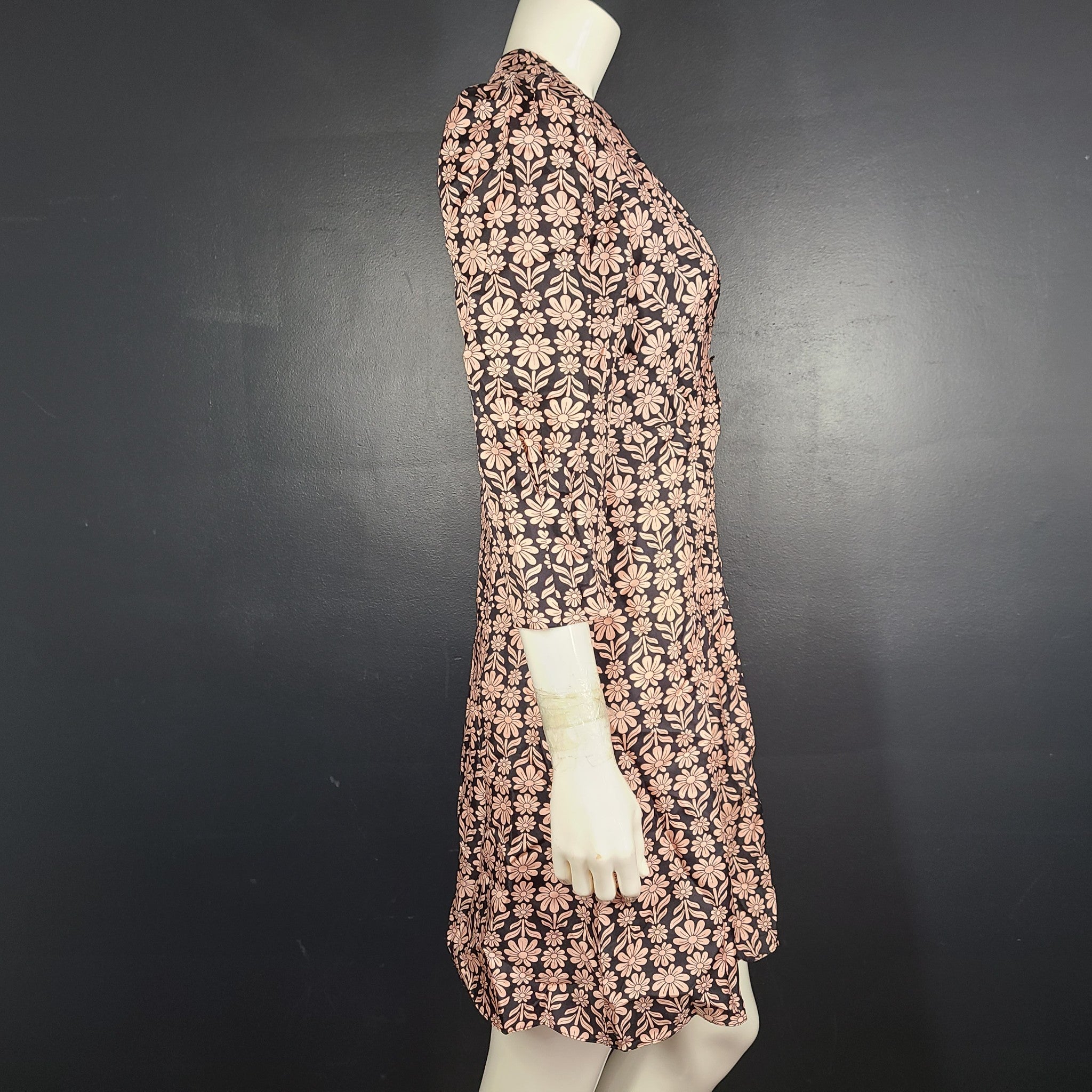 Sandro Paris Floral Printed Silk Dress Pink Black Sz 8 / L