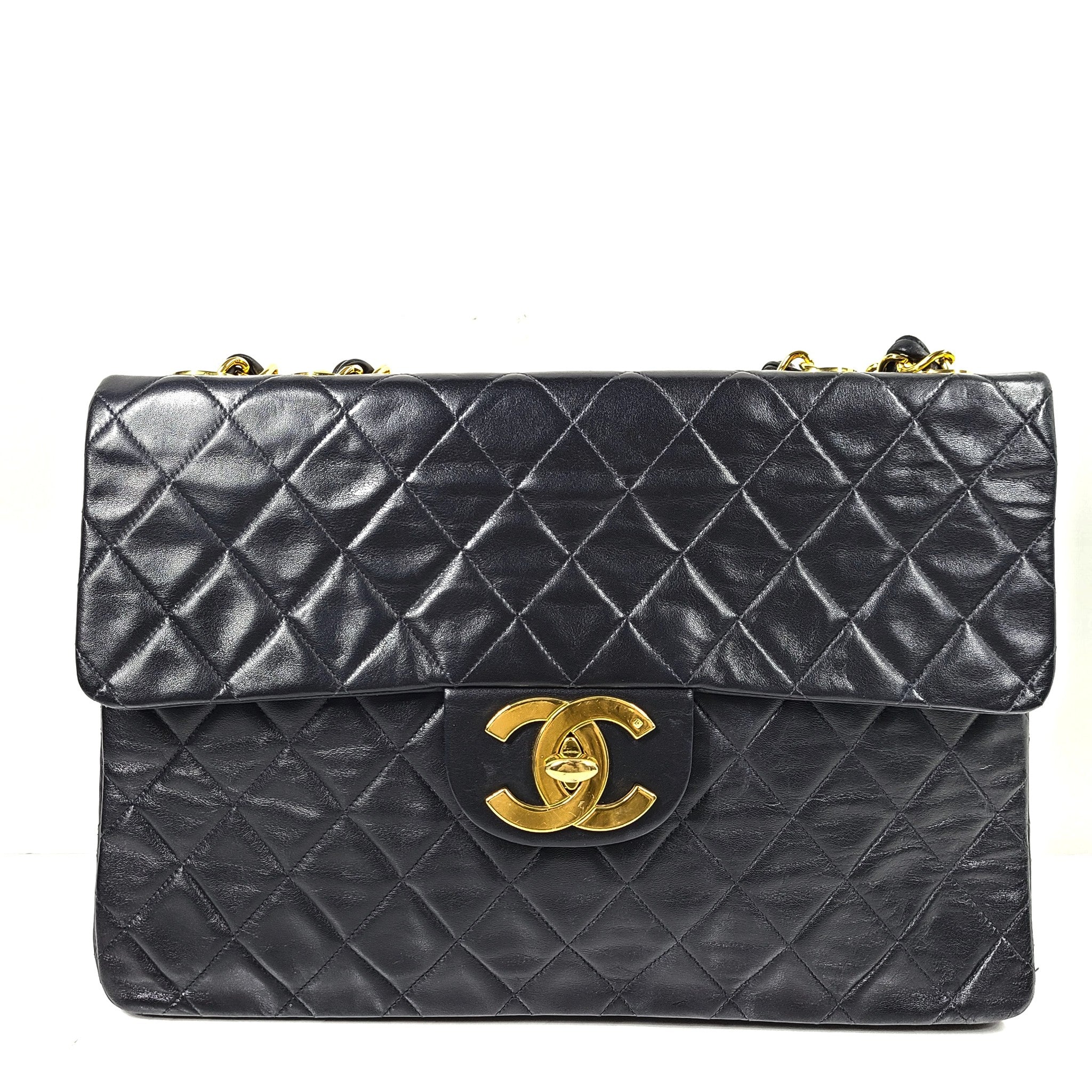 Vintage CHANEL Classic Flap Jumbo XL Handbag Black Lambskin 24K Gold Hardware