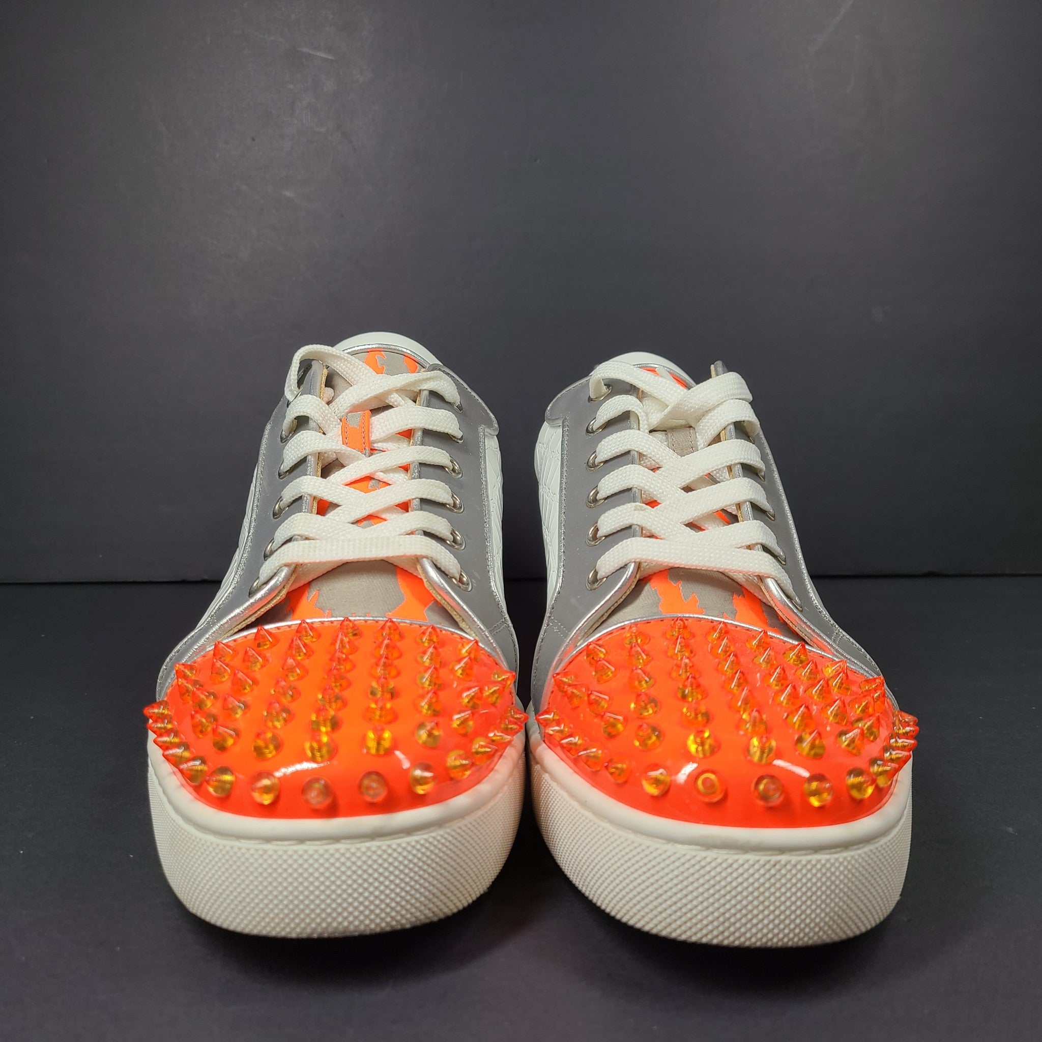 Louboutin Men's Fun Louis Junior Spike Moc-Croc Sneakers White Orange US 9.5