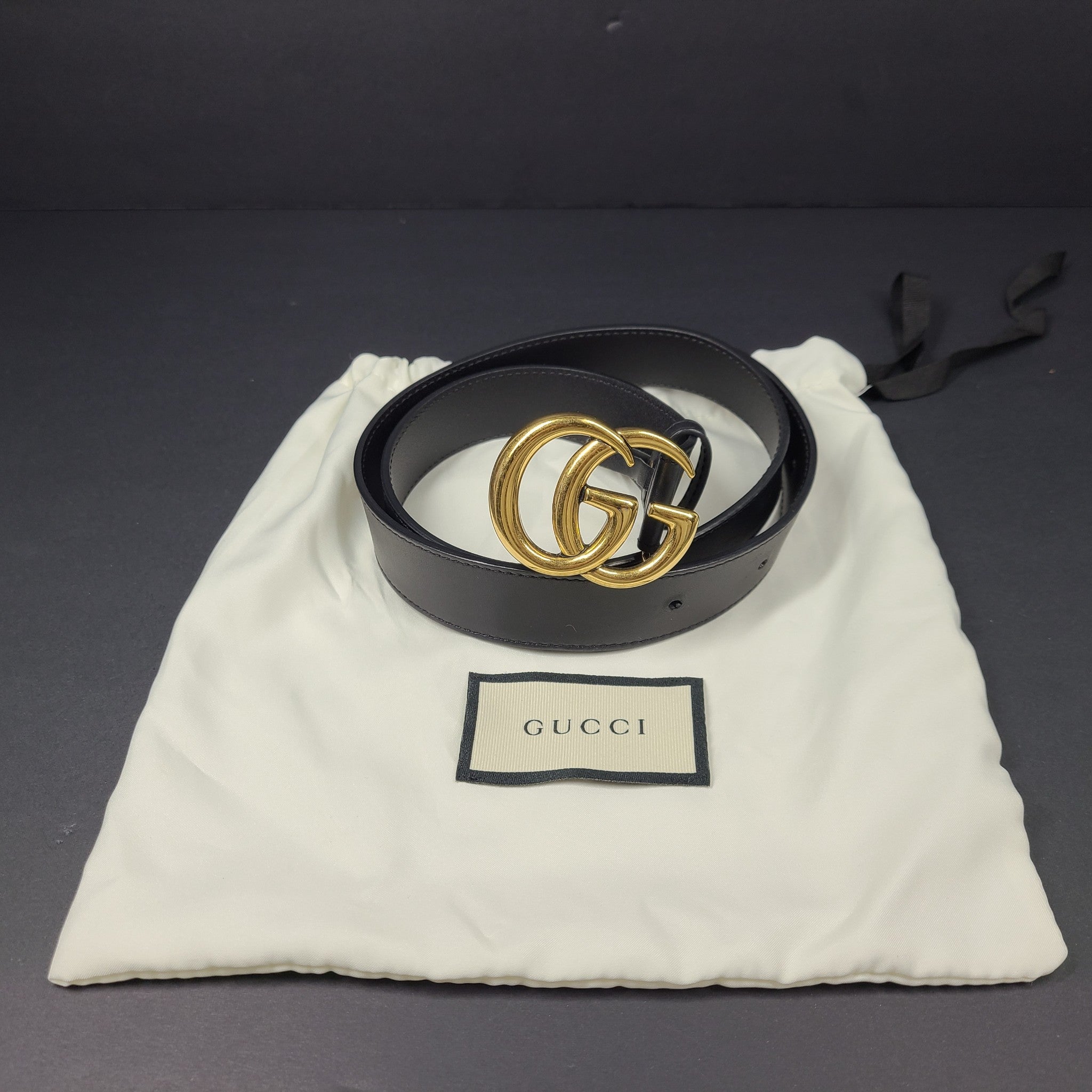 Gucci Men's GG Marmont Thin Belt Black Leather Gold Double G Buckle 414516 Sz 34