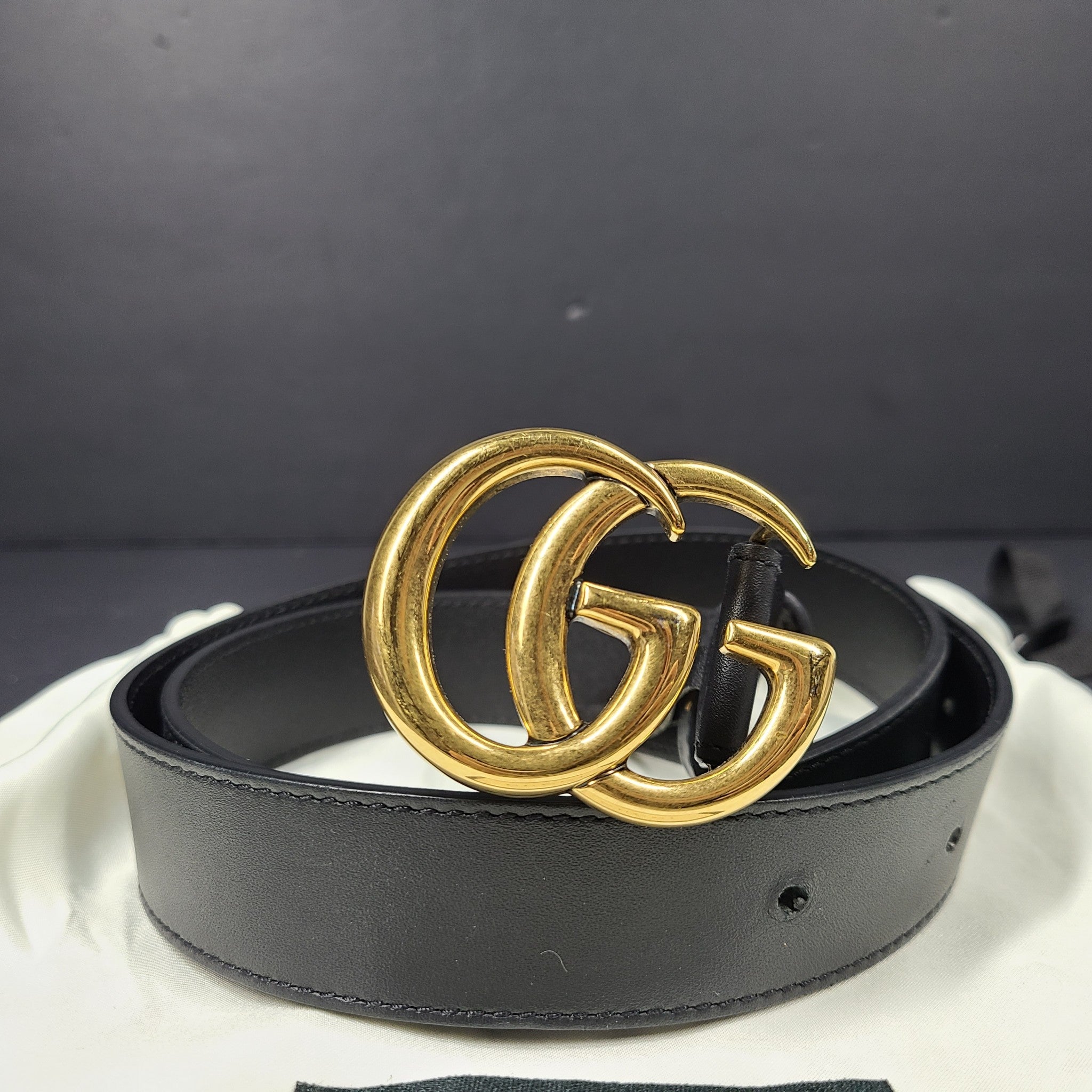 Gucci Men's GG Marmont Thin Belt Black Leather Gold Double G Buckle 414516 Sz 34