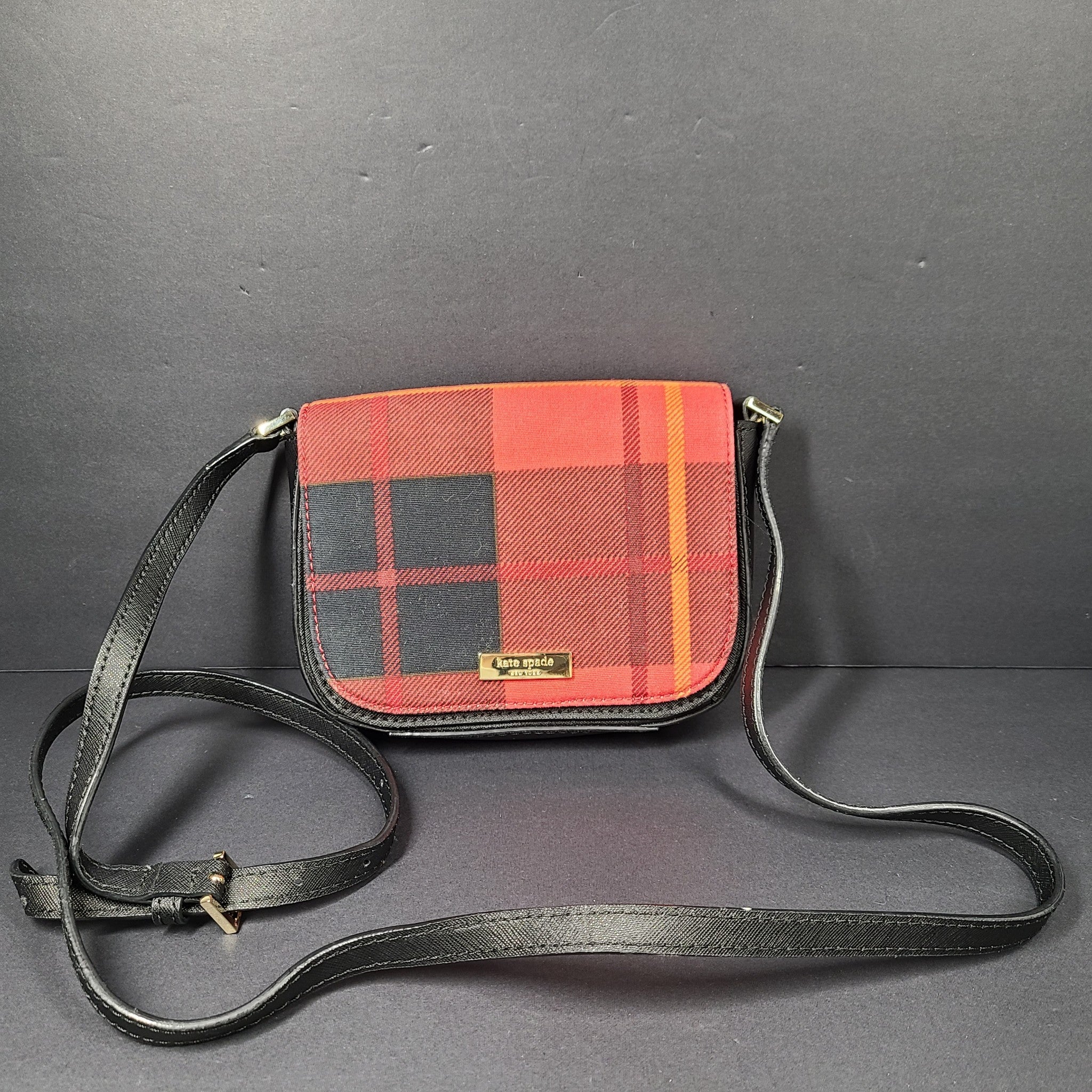 Kate Spade Newbury Lane Carson Red Black Plaid Leather Small Crossbody Bag