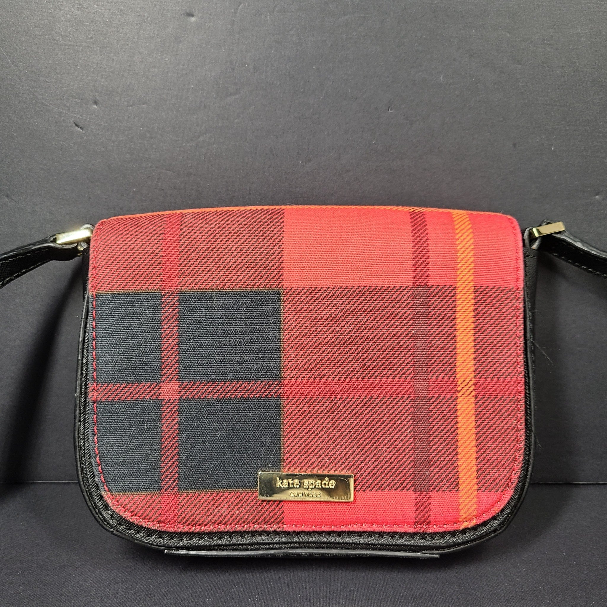 Kate Spade Newbury Lane Carson Red Black Plaid Leather Small Crossbody Bag