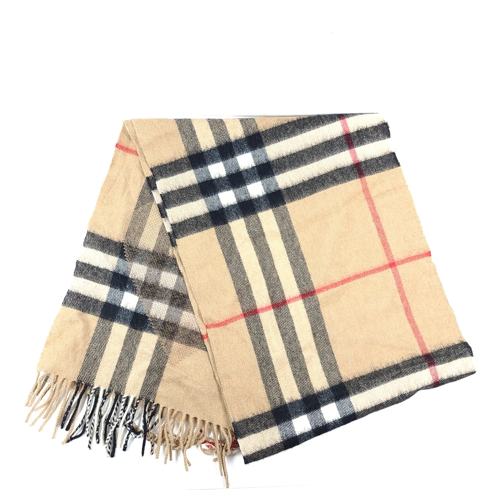 Burberry Cashmere Sequin Check Heart Fringe Scarf Camel Red
