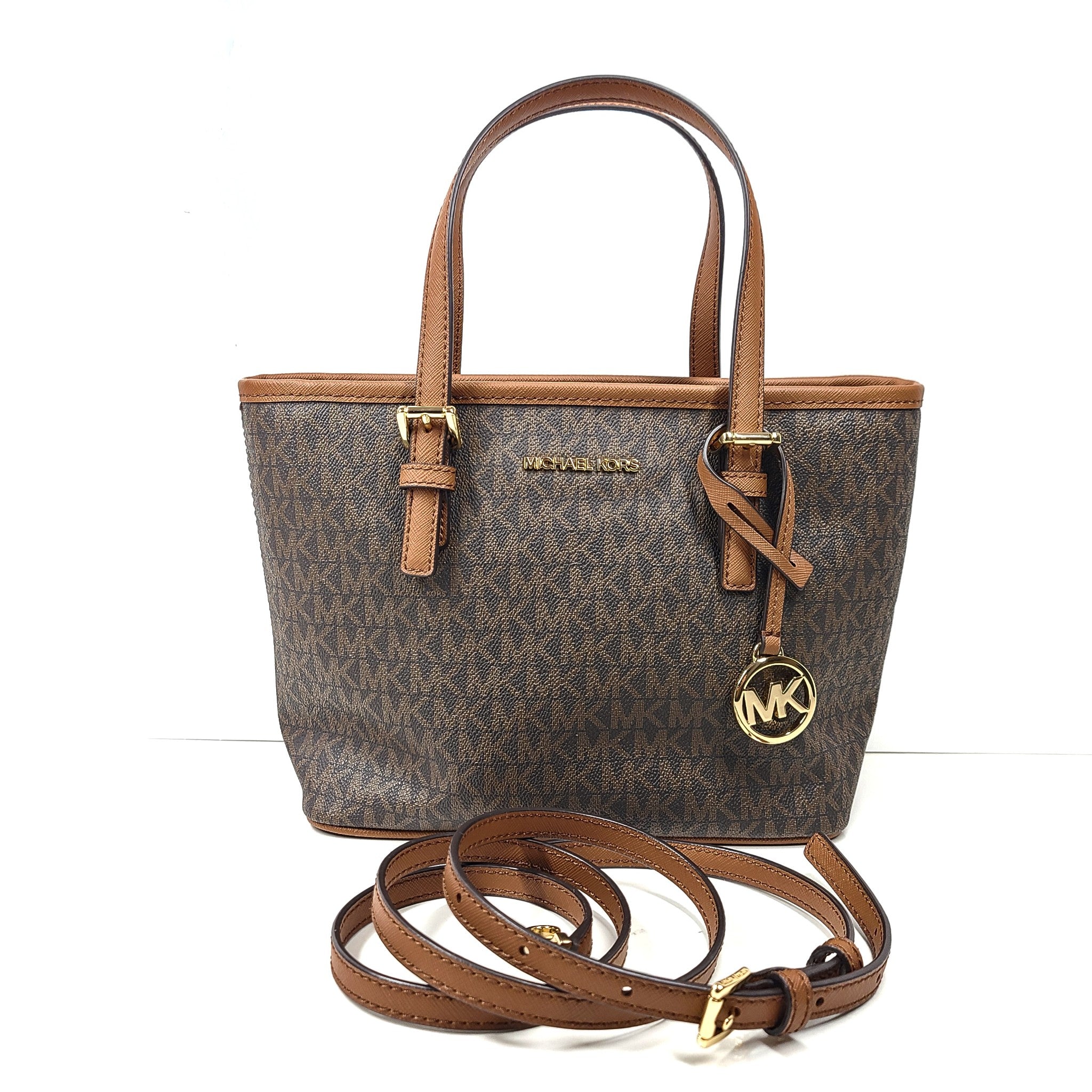 Michael Kors Jet Set Travel Extra-Small Logo Top-Zip Tote Crossbody Bag Brown