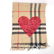 Burberry Cashmere Sequin Check Heart Fringe Scarf Camel Red