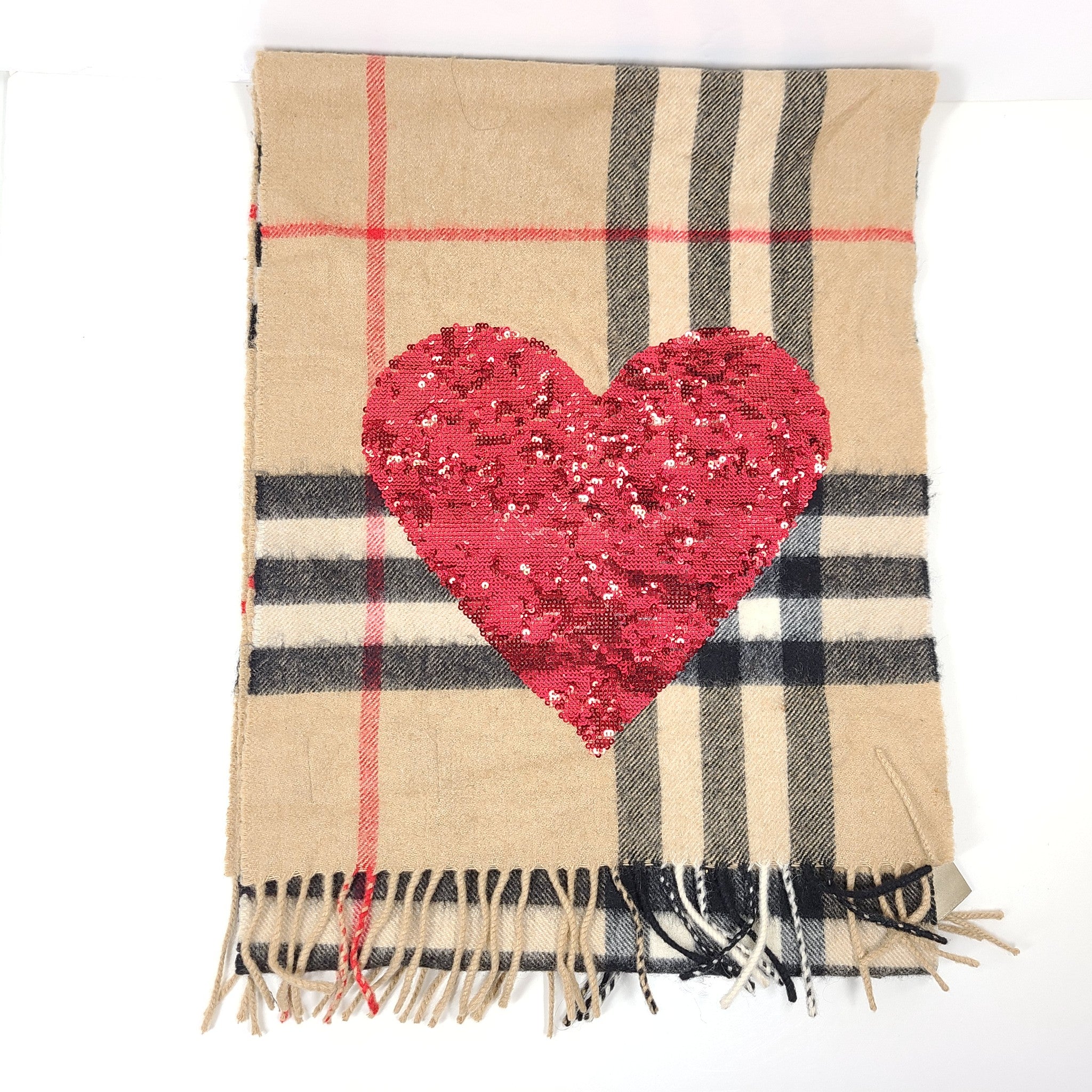 Burberry Cashmere Sequin Check Heart Fringe Scarf Camel Red