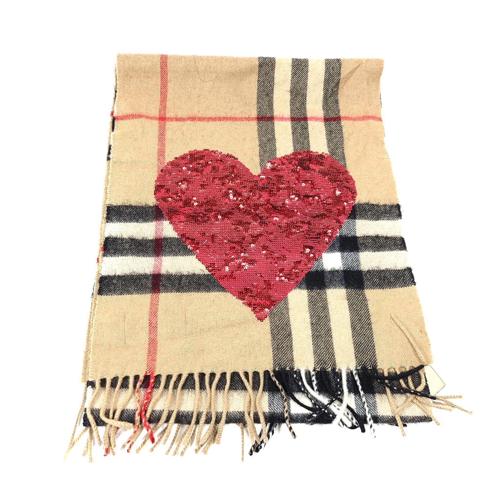 Burberry Cashmere Sequin Check Heart Fringe Scarf Camel Red