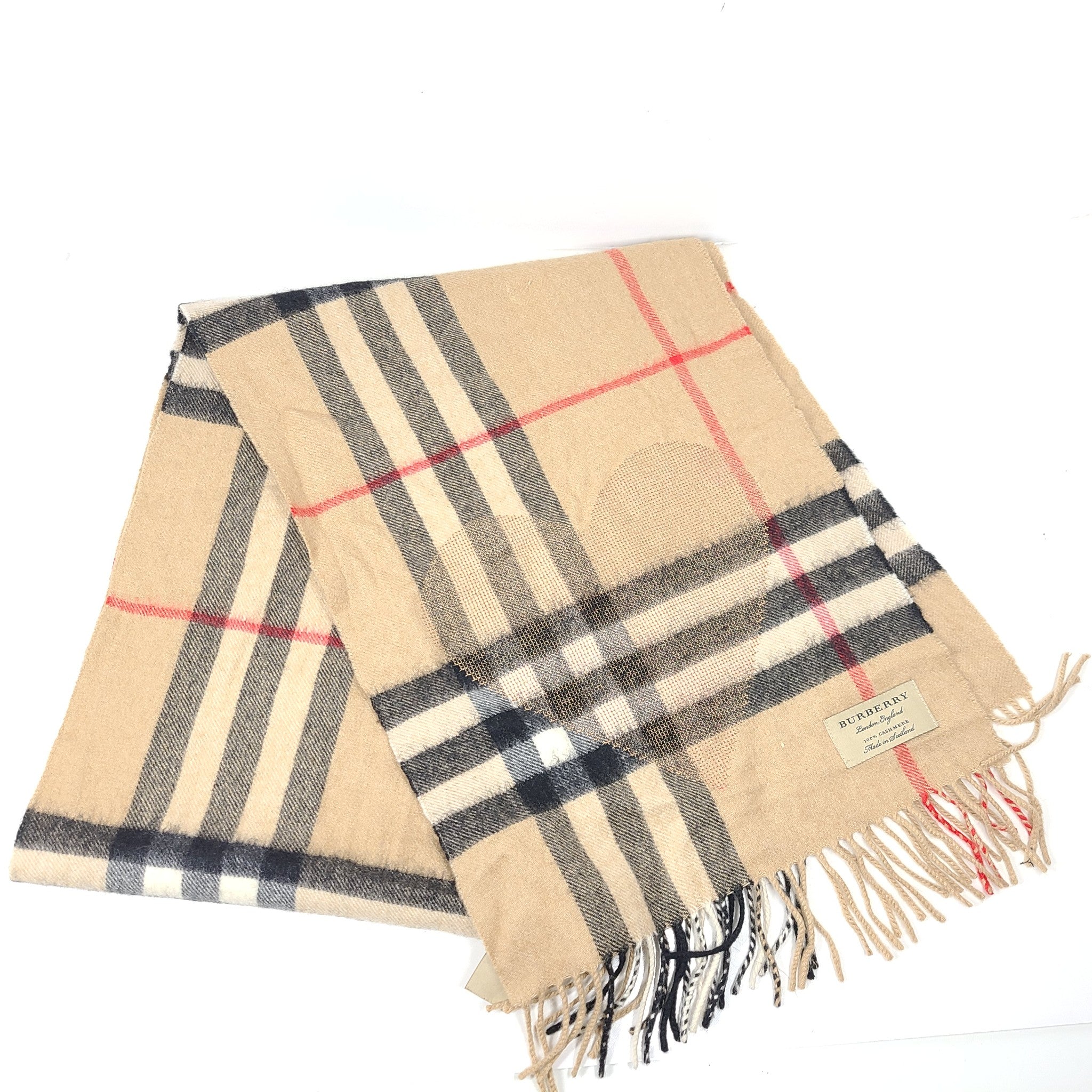 Burberry Cashmere Sequin Check Heart Fringe Scarf Camel Red