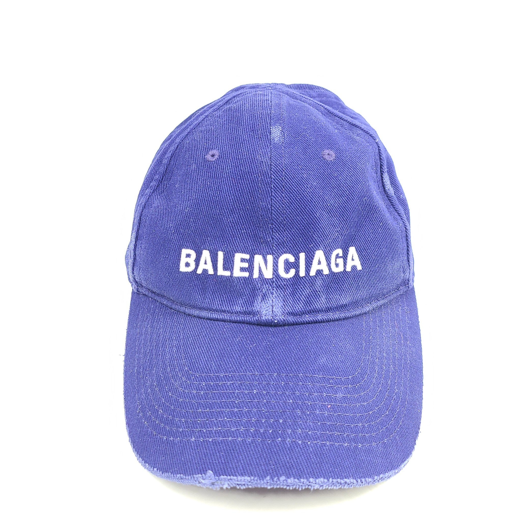 Balenciaga Distressed Logo Cap Cotton Adjustable Embroidered Logo Blue Sz L