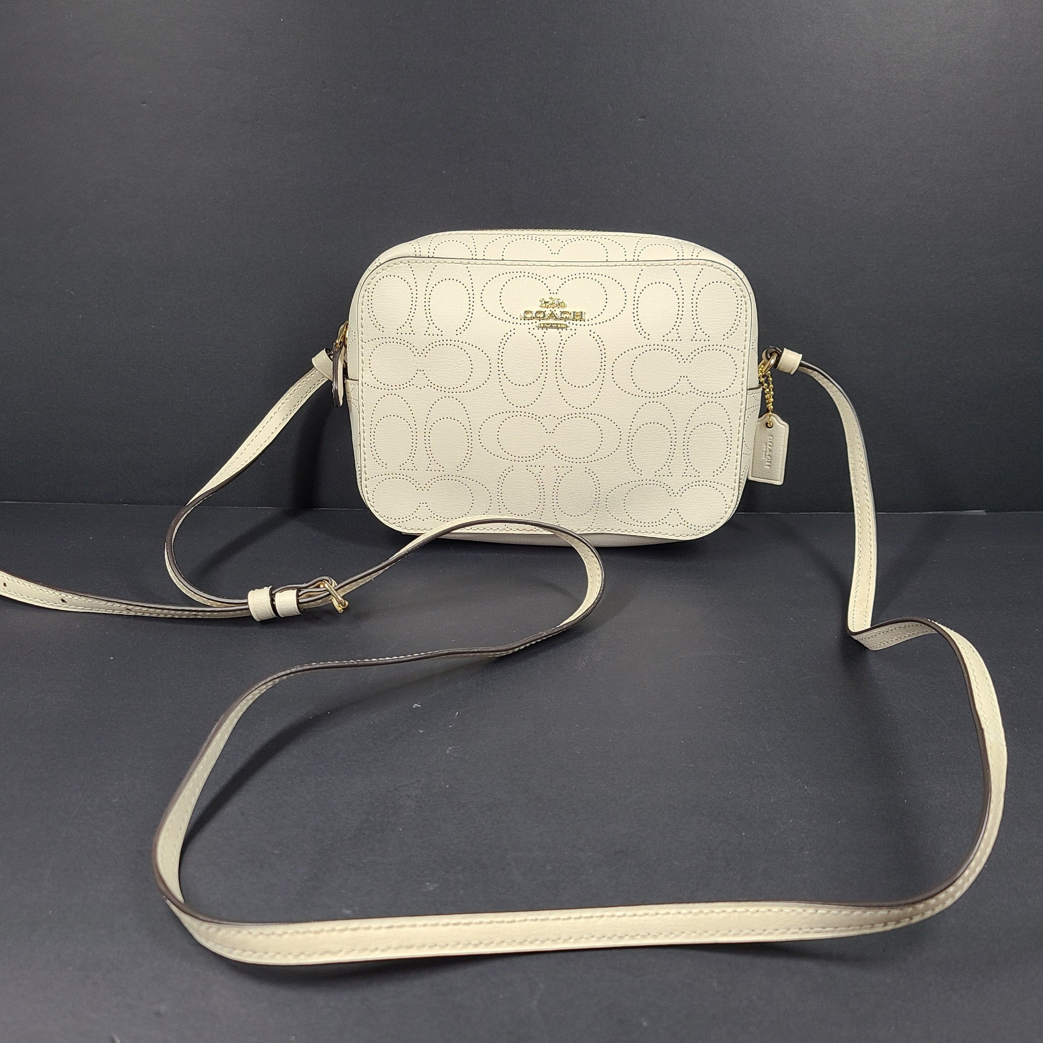 Coach Mini Jamie Camera Bag Leather Perforated Logo Crossbody White