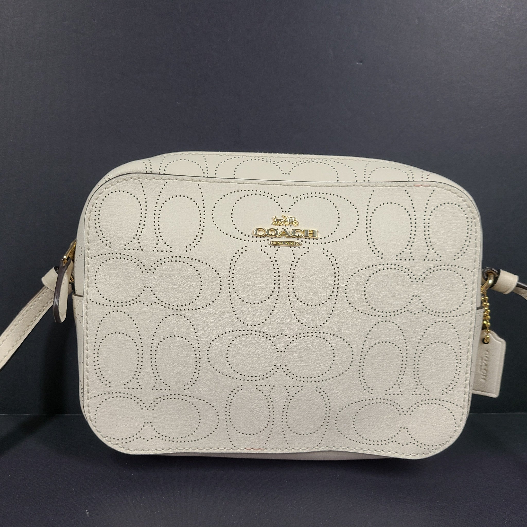 Coach Mini Jamie Camera Bag Leather Perforated Logo Crossbody White