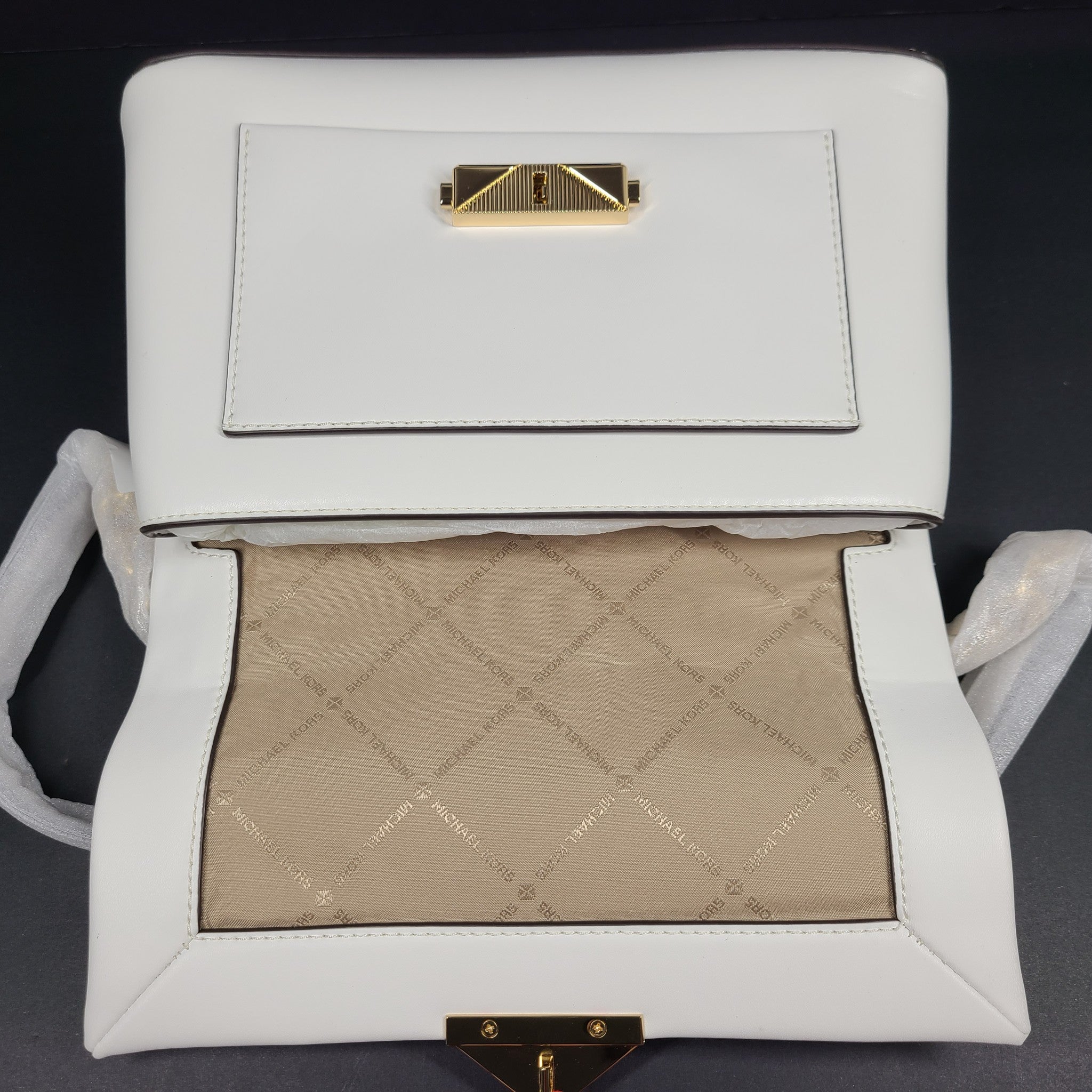 Michael Kors Cece Medium Leather Messenger Bag Crossbody Strap White