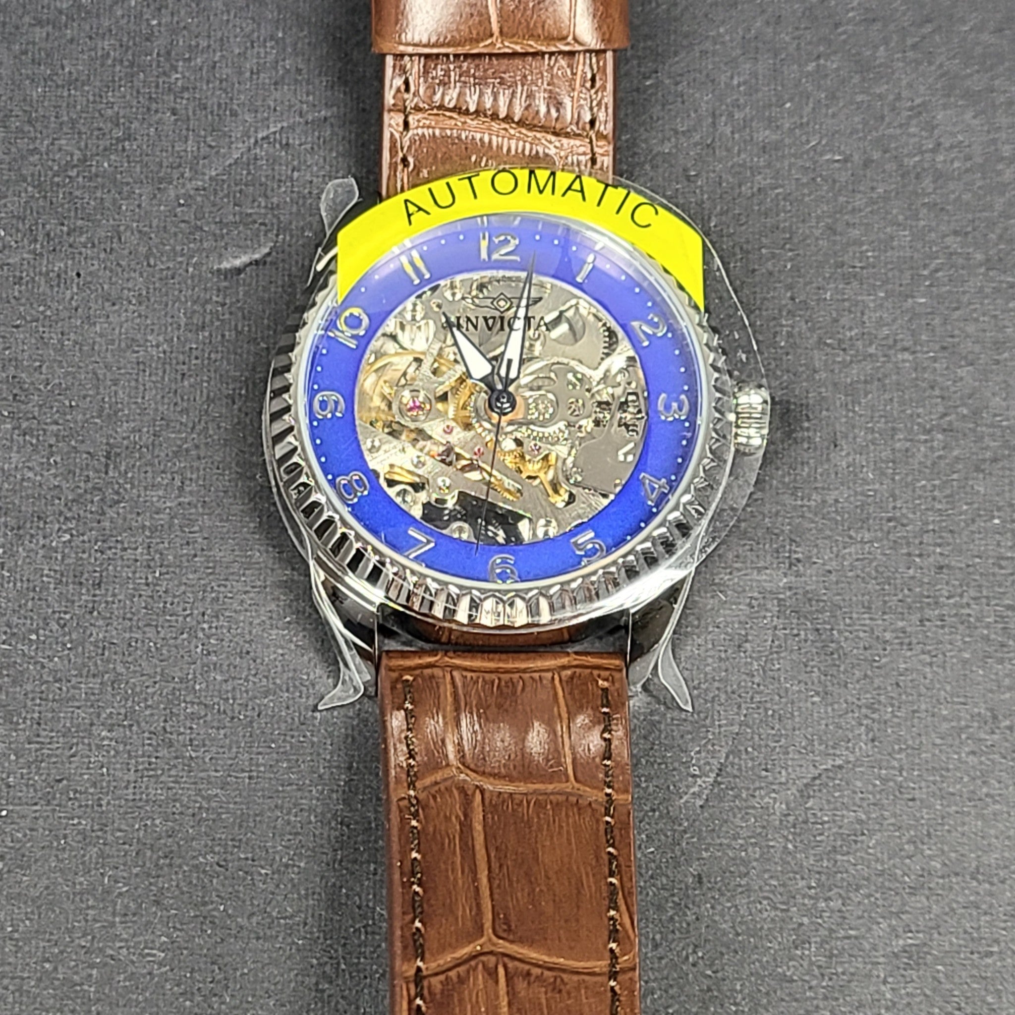 Invicta 36567 Watch 38 mm Stainless Steel Case Blue Dial Leather Band Brown