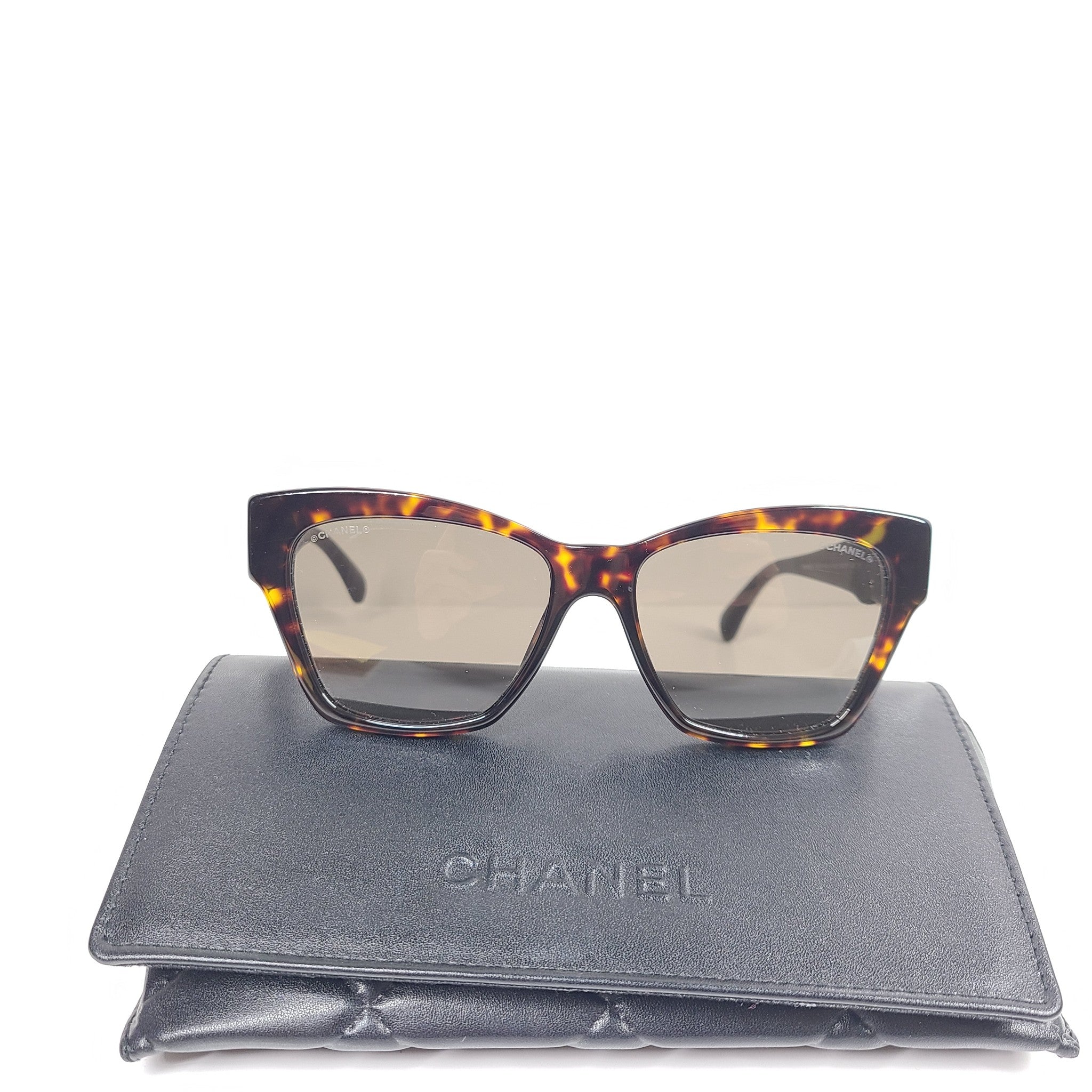 Chanel 5456QB Square Cat Eye Sunglasses Embellished CC Logo Tortoise Leather