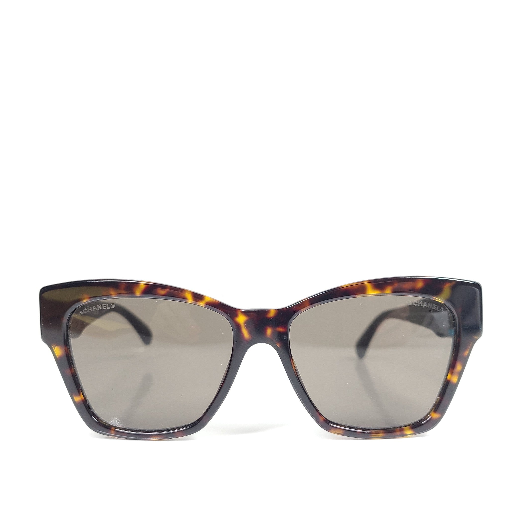 Chanel 5456QB Square Cat Eye Sunglasses Embellished CC Logo Tortoise Leather