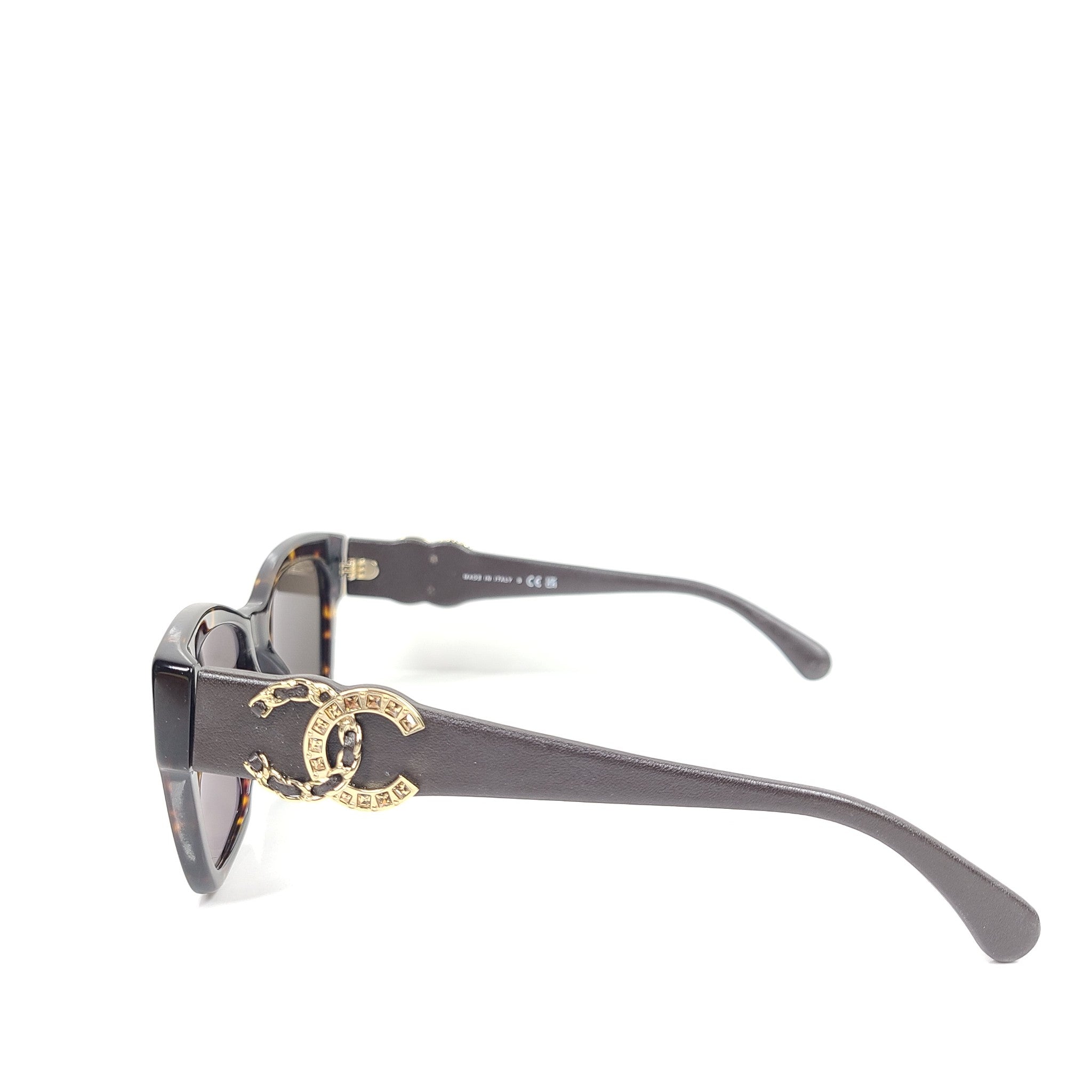 Chanel 5456QB Square Cat Eye Sunglasses Embellished CC Logo Tortoise Leather