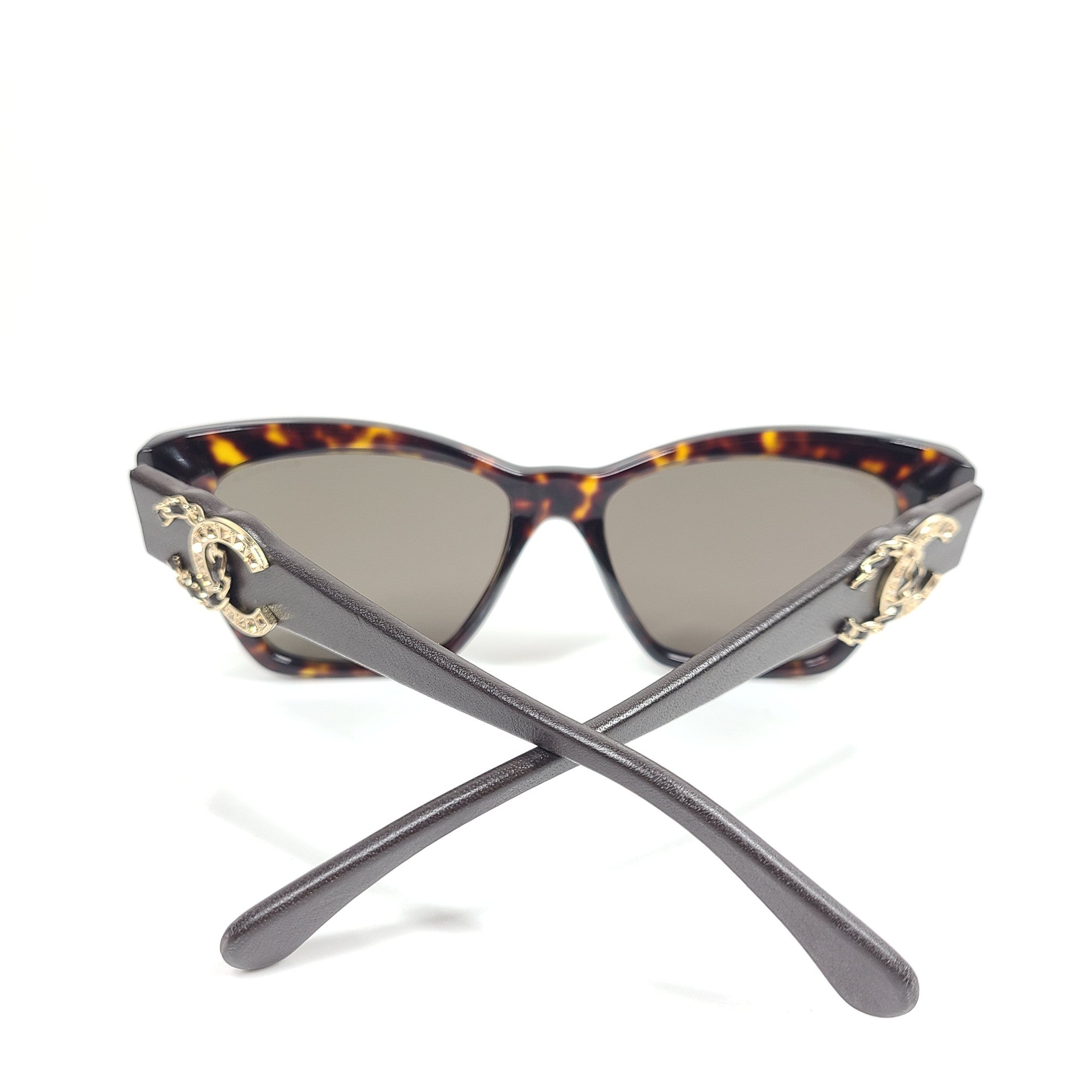 Chanel 5456QB Square Cat Eye Sunglasses Embellished CC Logo Tortoise Leather