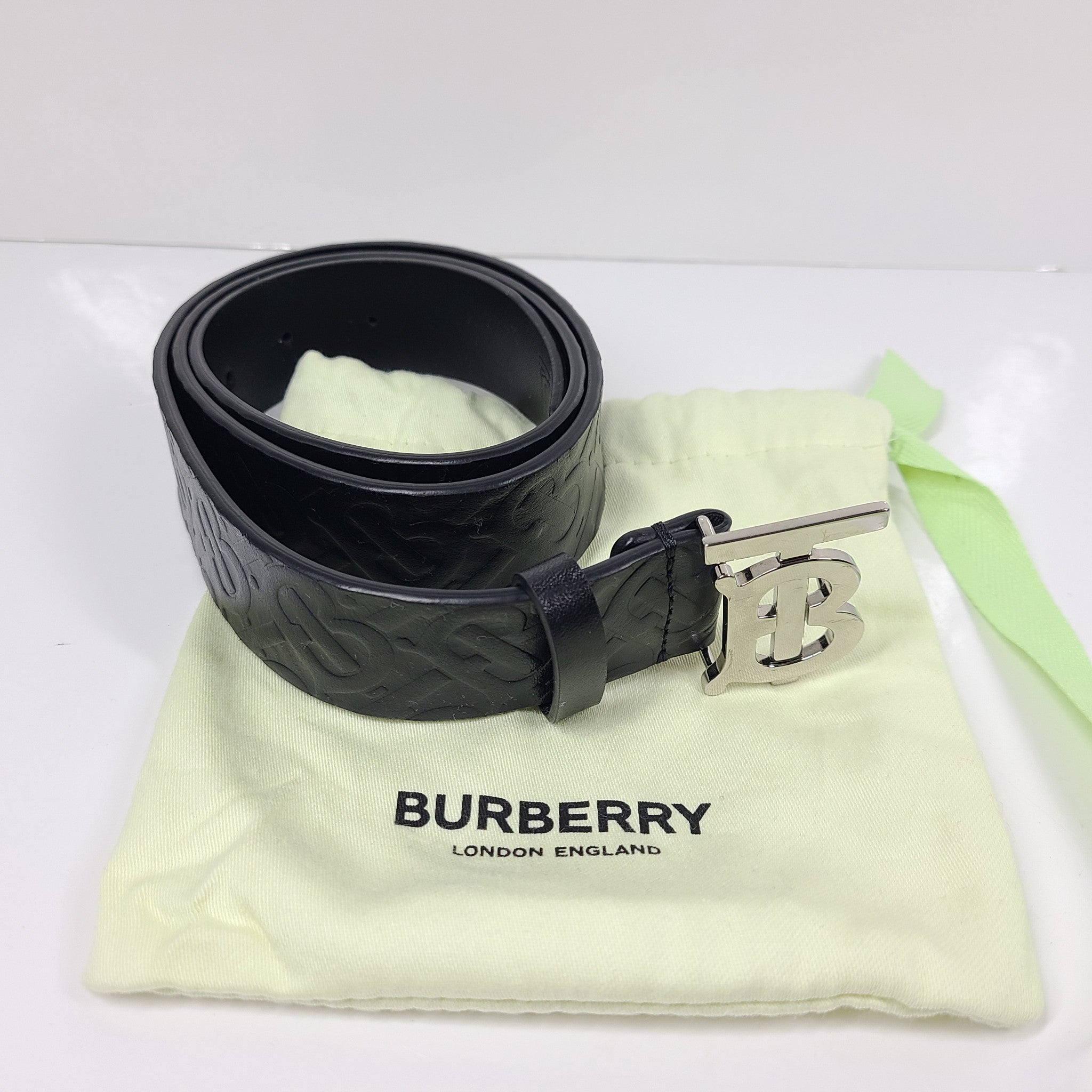 Burberry TB Monogram Embossed Leather Belt Logo Buckle Black Sz 34 NEW