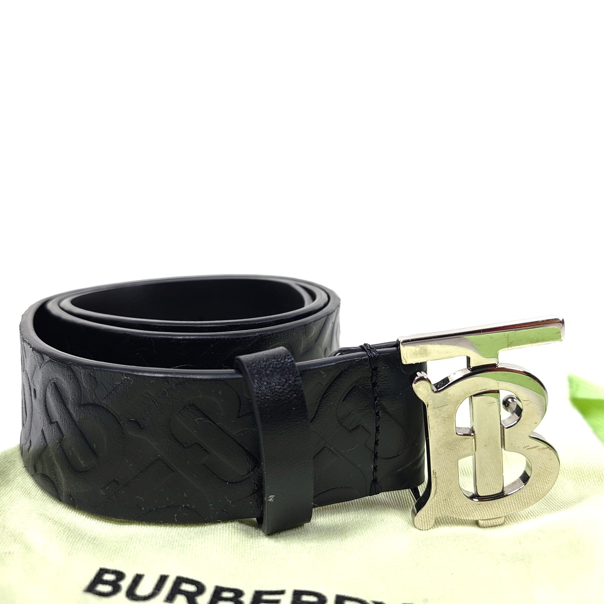 Burberry TB Monogram Embossed Leather Belt Logo Buckle Black Sz 34 NEW