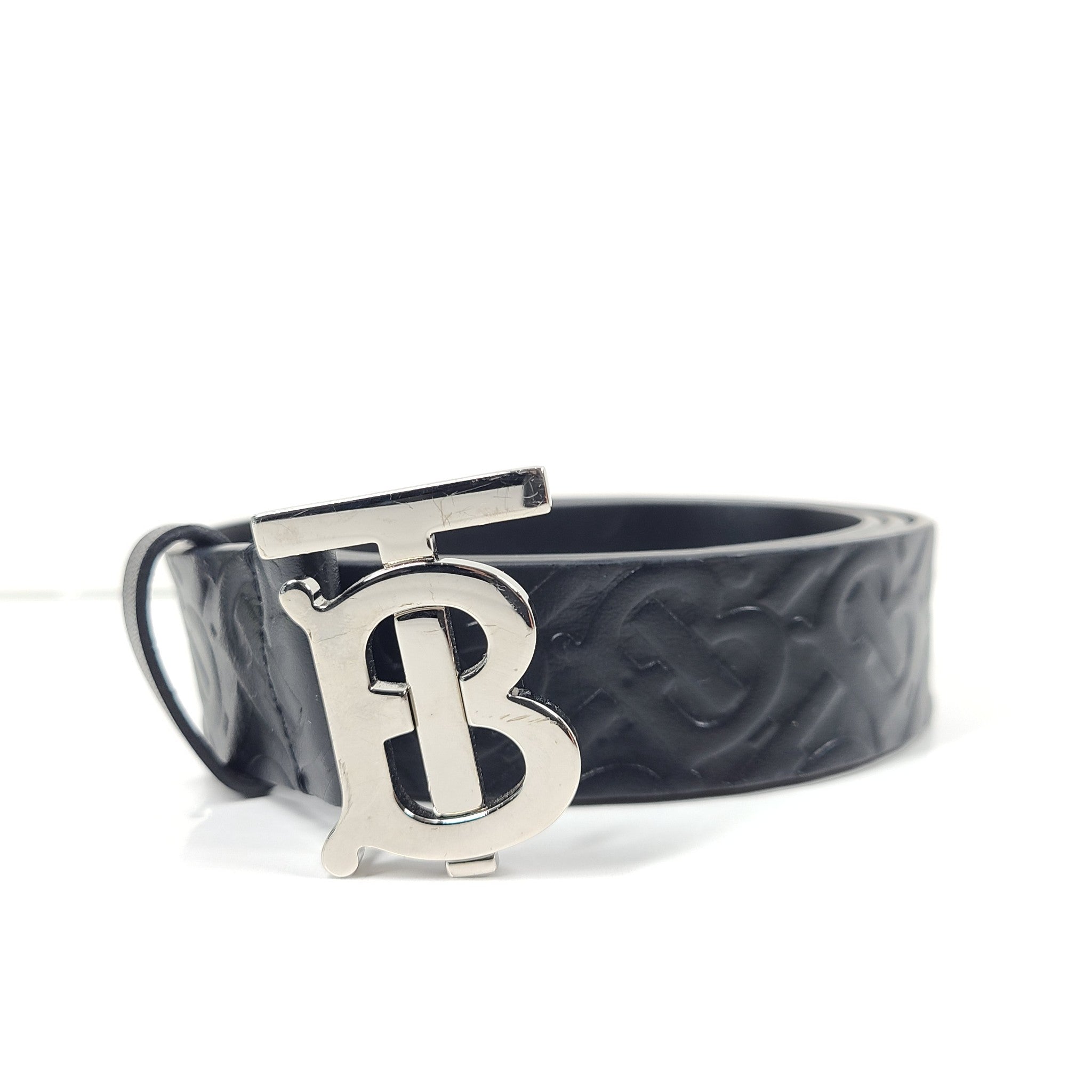 Burberry TB Monogram Embossed Leather Belt Logo Buckle Black Sz 34 NEW