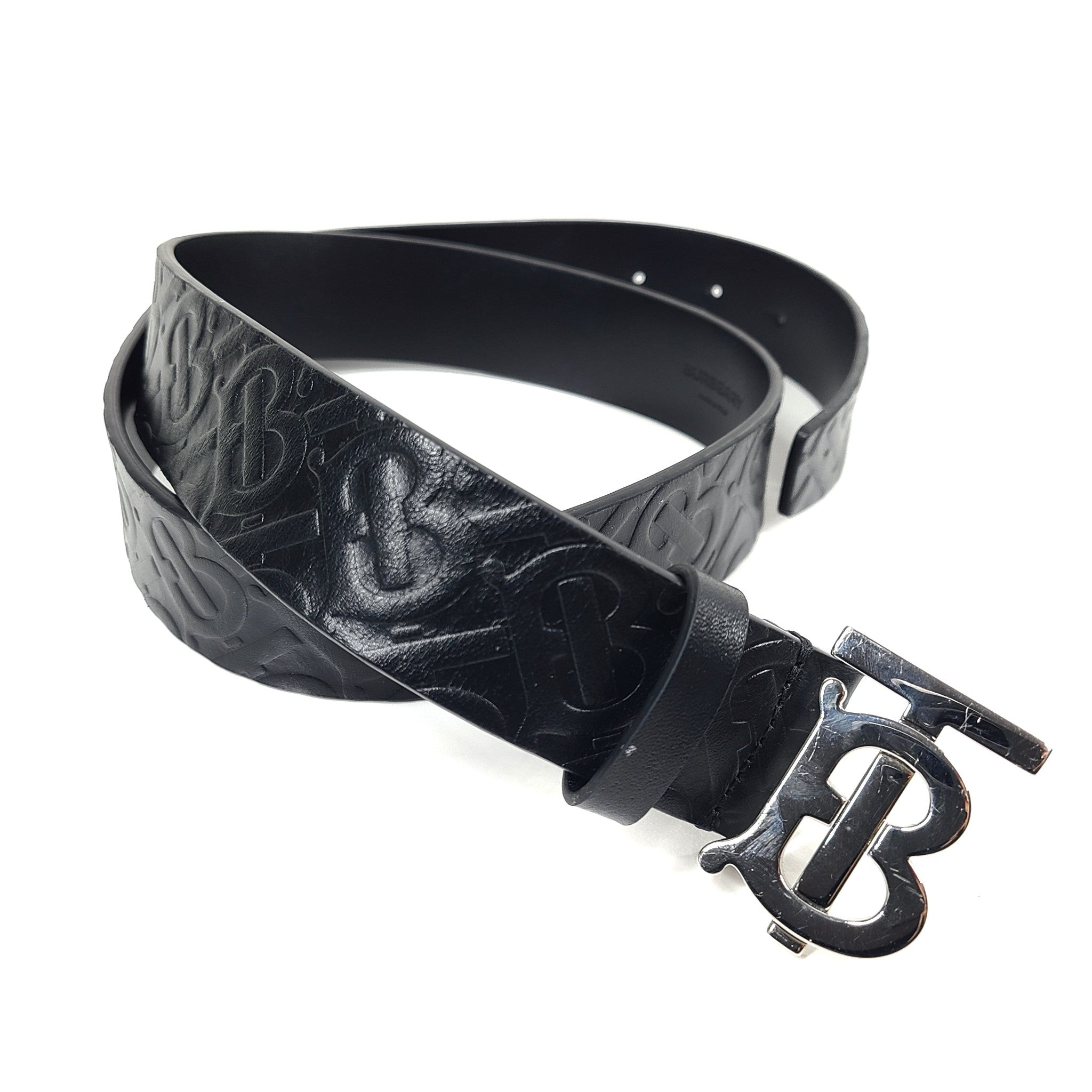 Burberry TB Monogram Embossed Leather Belt Logo Buckle Black Sz 34 NEW