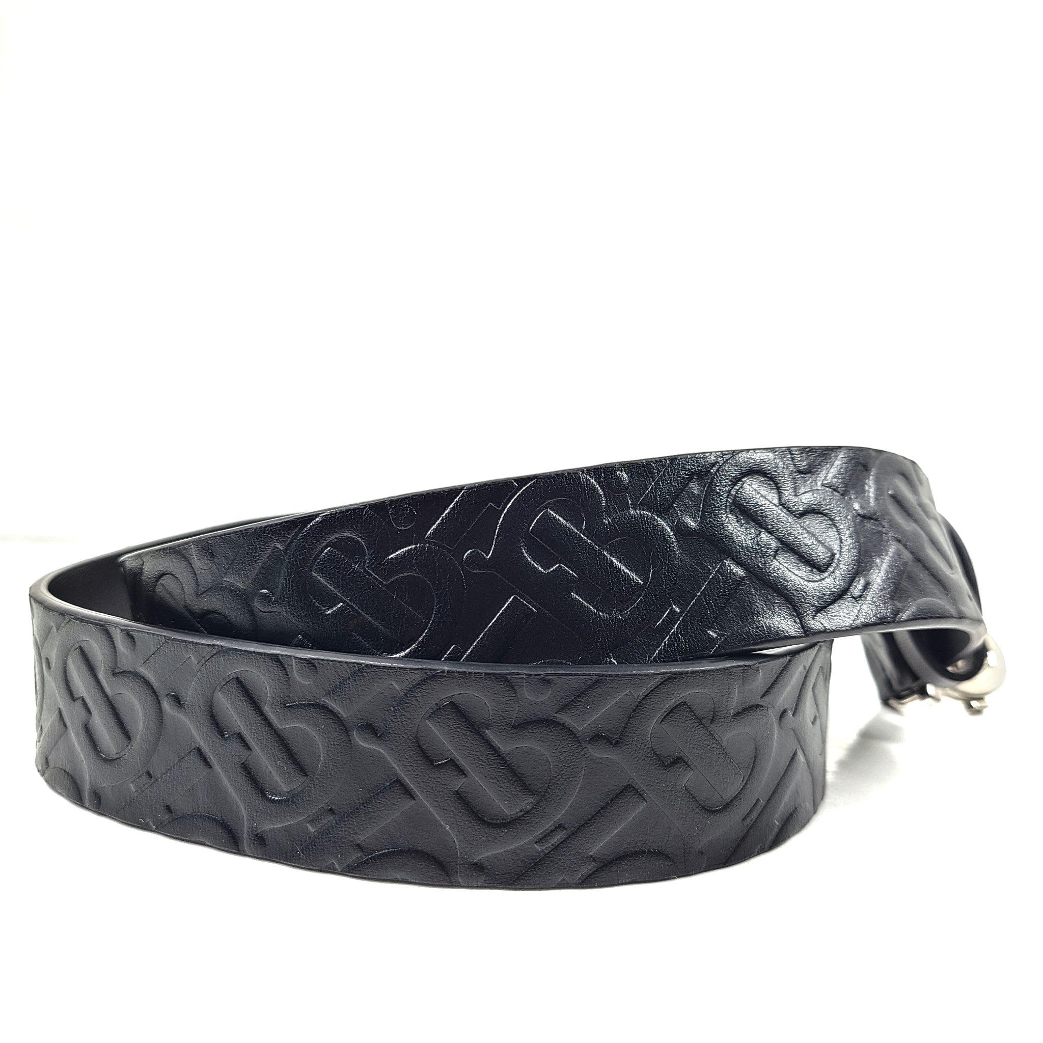 Burberry TB Monogram Embossed Leather Belt Logo Buckle Black Sz 34 NEW