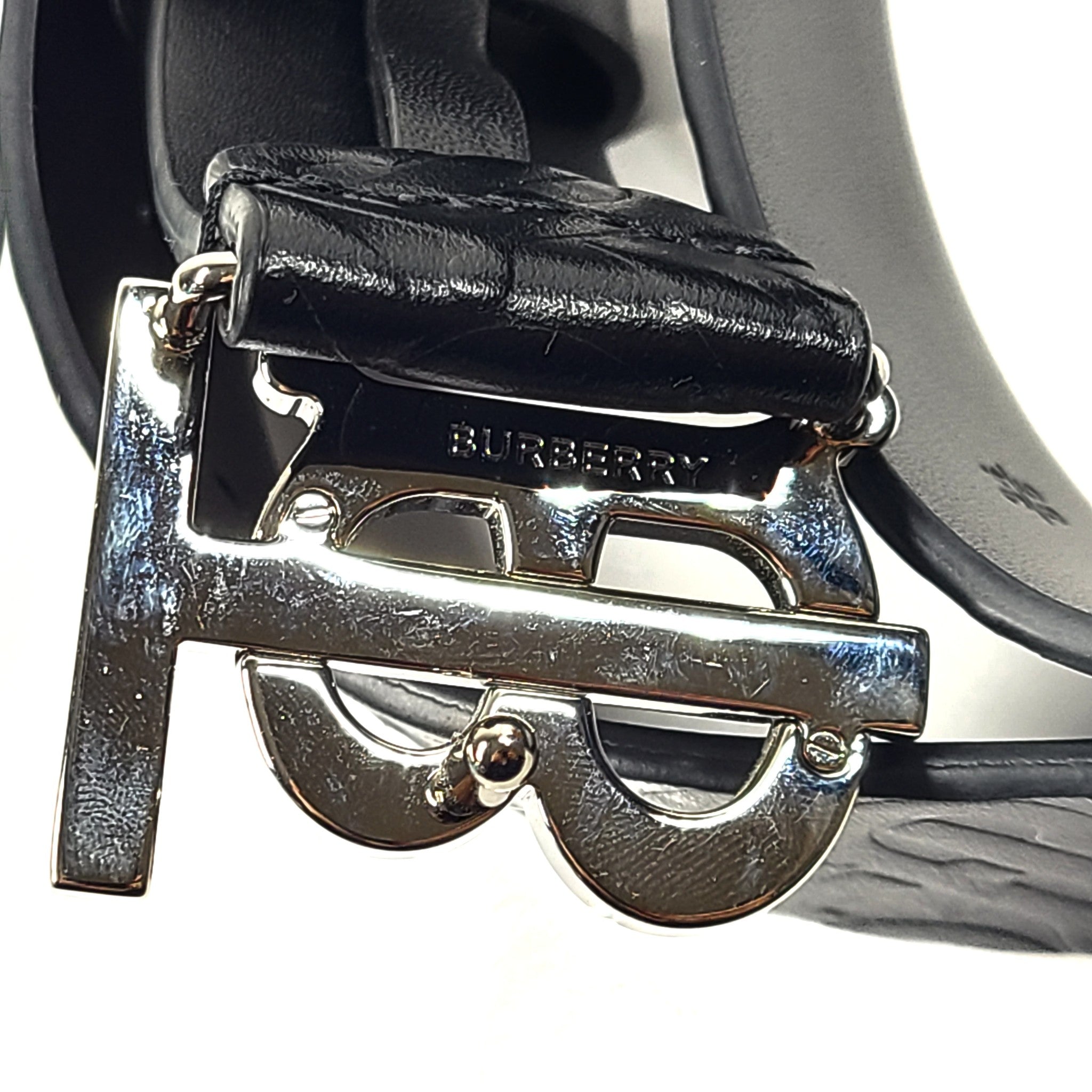 Burberry TB Monogram Embossed Leather Belt Logo Buckle Black Sz 34 NEW