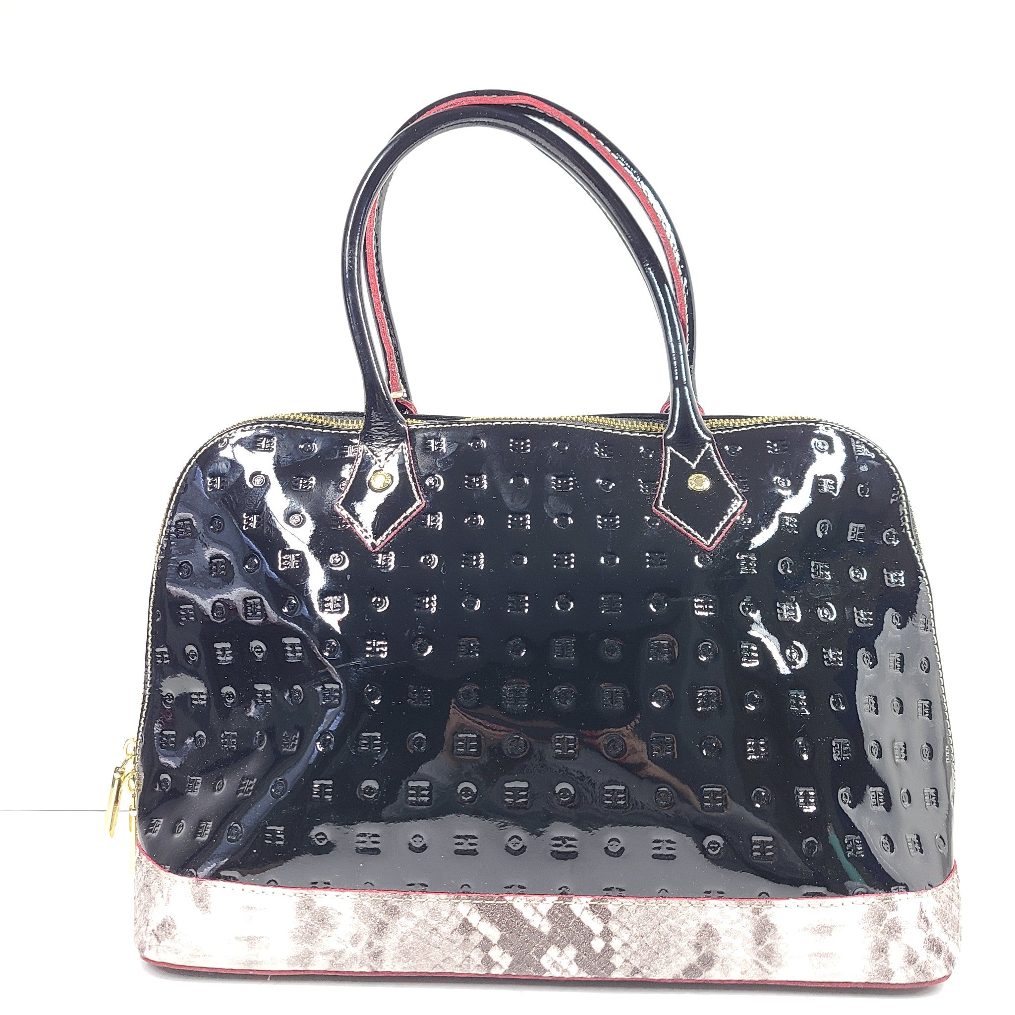 Arcadia Patent Leather Top Handle Bag Snake Detail Embossed Made in Italy Black