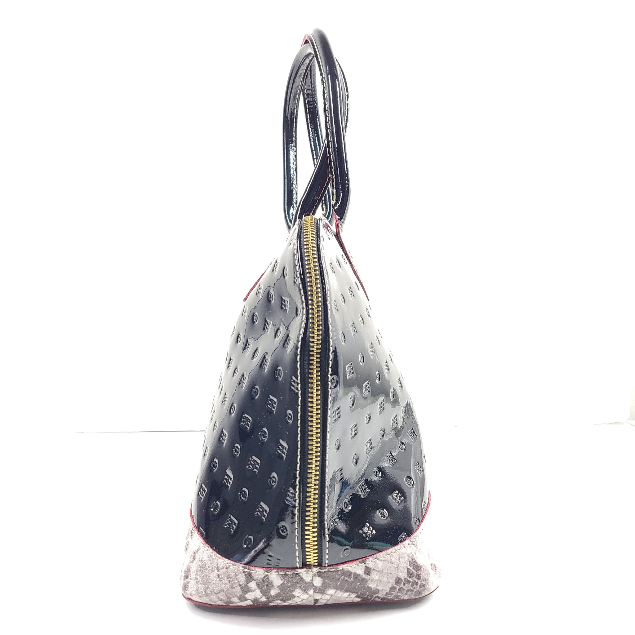Arcadia Patent Leather Top Handle Bag Snake Detail Embossed Made in Italy Black