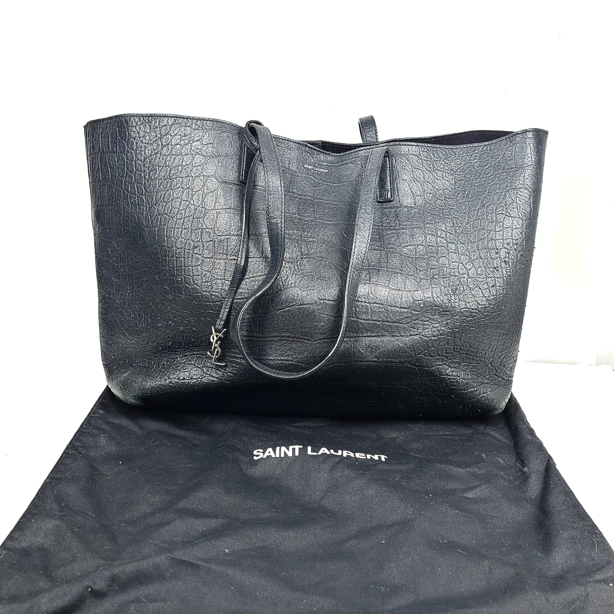 Saint Laurent Calfskin Leather Crocodile Embossed Large Shopper Tote Bag Black