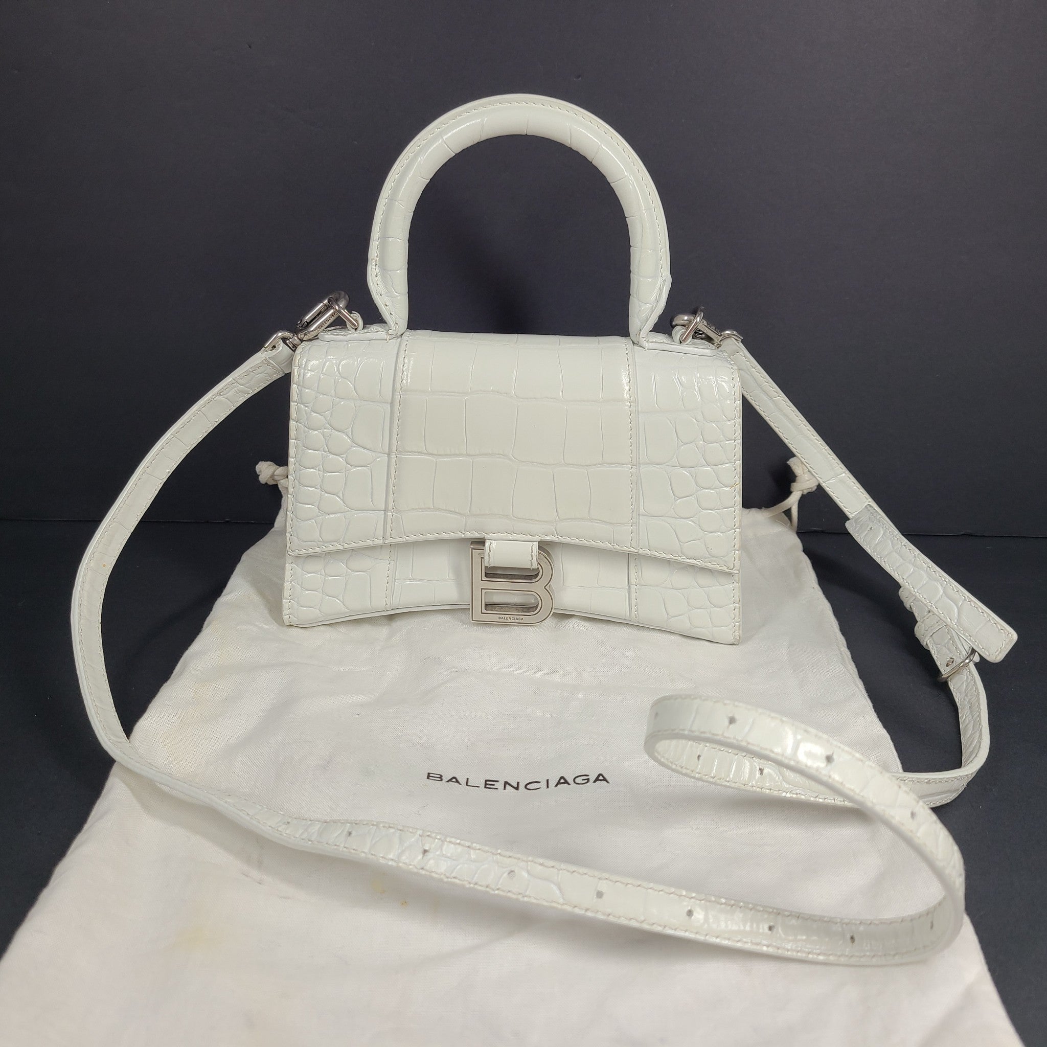 Balenciaga Hourglass Xs Handbag Crocodile Embossed Calfskin in White