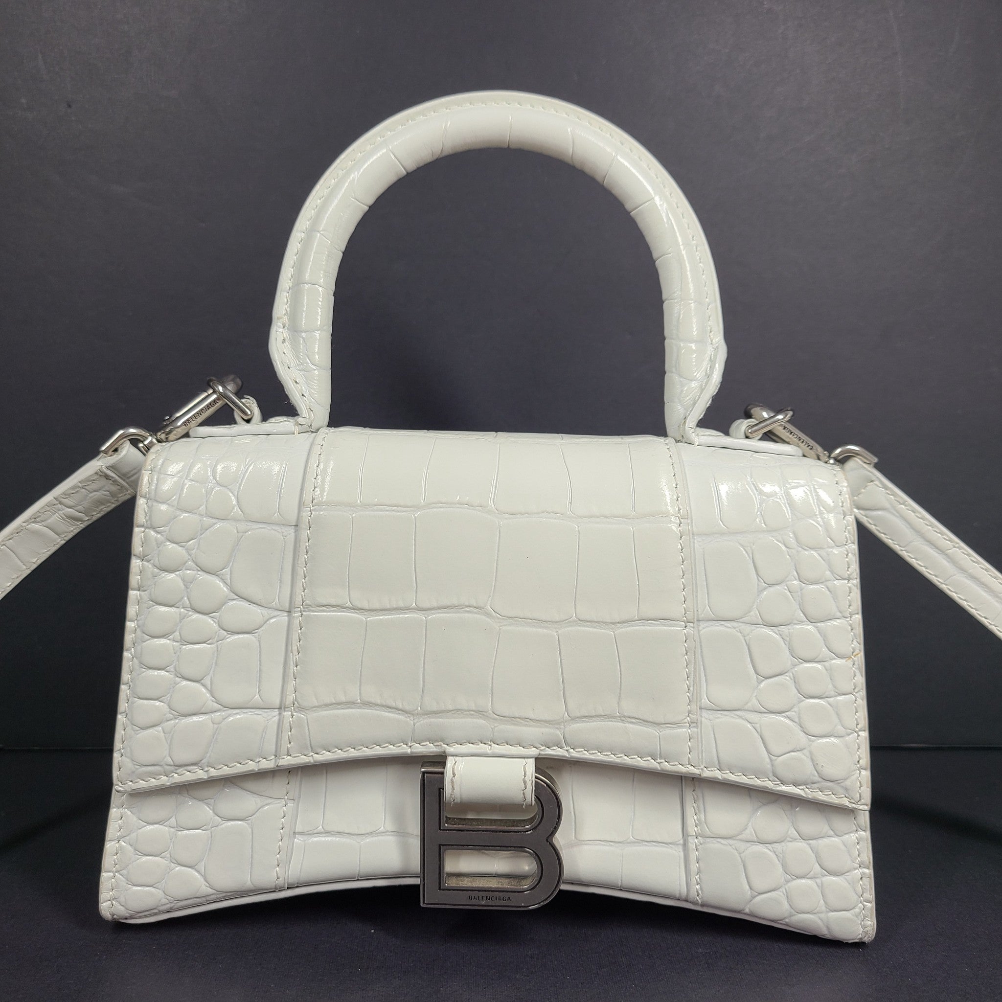 Balenciaga Hourglass Xs Handbag Crocodile Embossed Calfskin in White