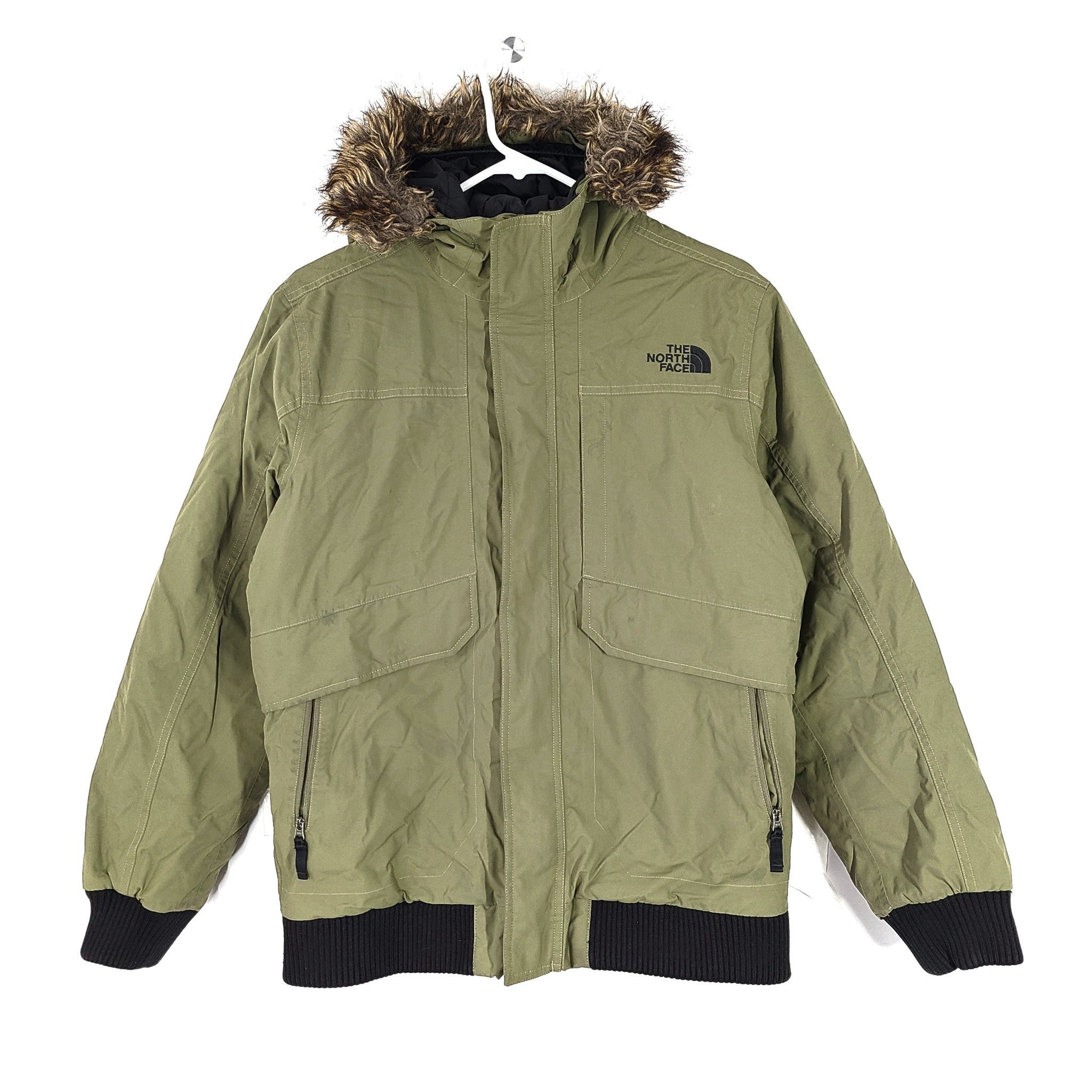 The North Face TNF Boys' Gotham Down Jacket Coat Faux Fur Green Sz XL (18-20)