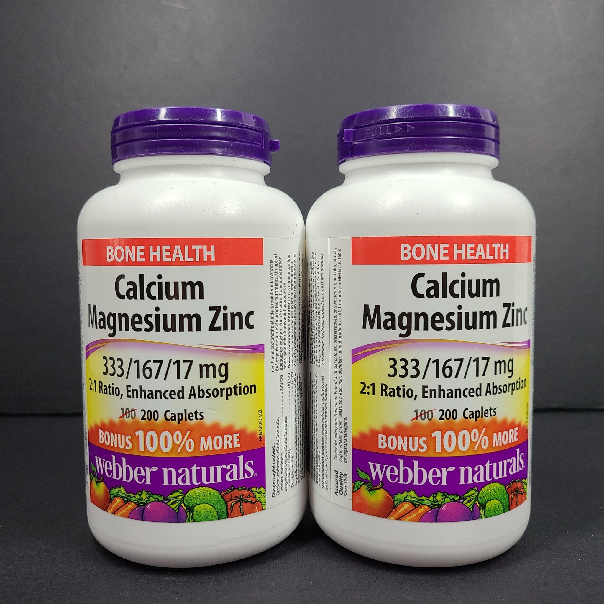 2 x 200 Ct Webber Naturals Calcium Magnesium + Zinc Enhanced Absorption 05/28