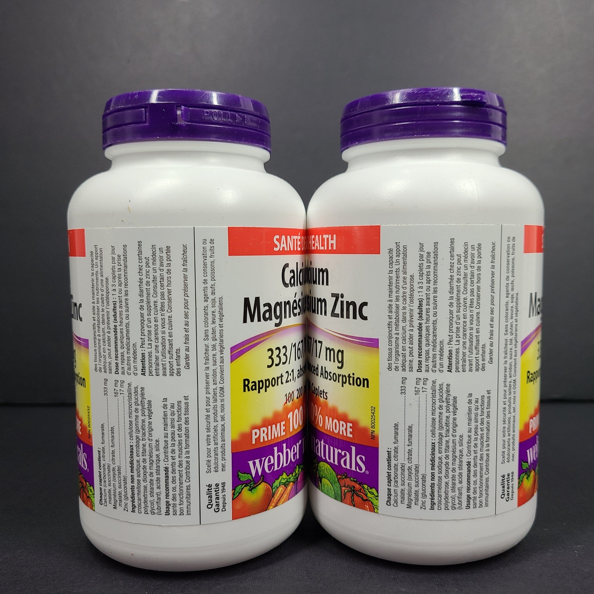 2 x 200 Ct Webber Naturals Calcium Magnesium + Zinc Enhanced Absorption 05/28