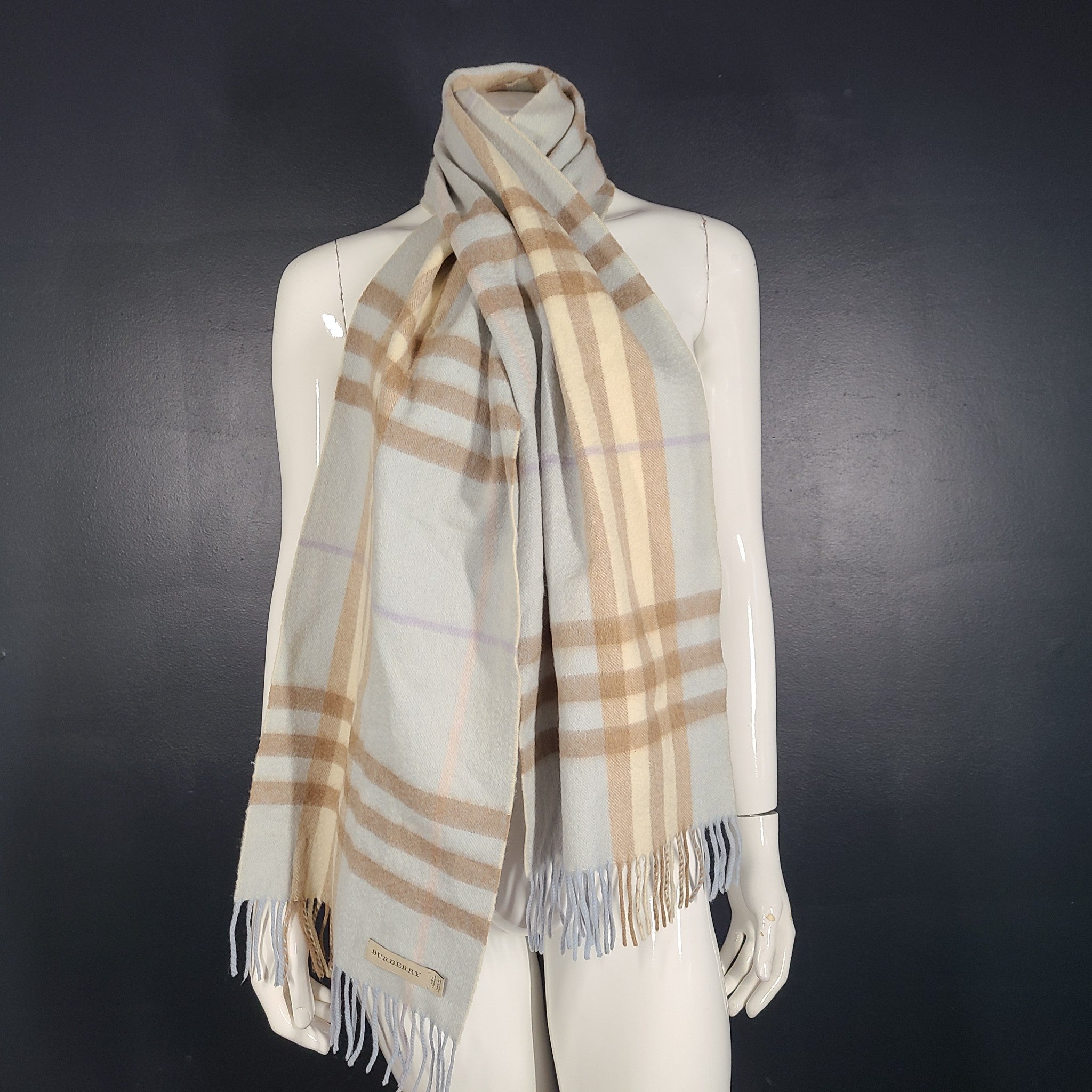 Burberry Classic Check Cashmere Scarf Light Blue Beige 66x12