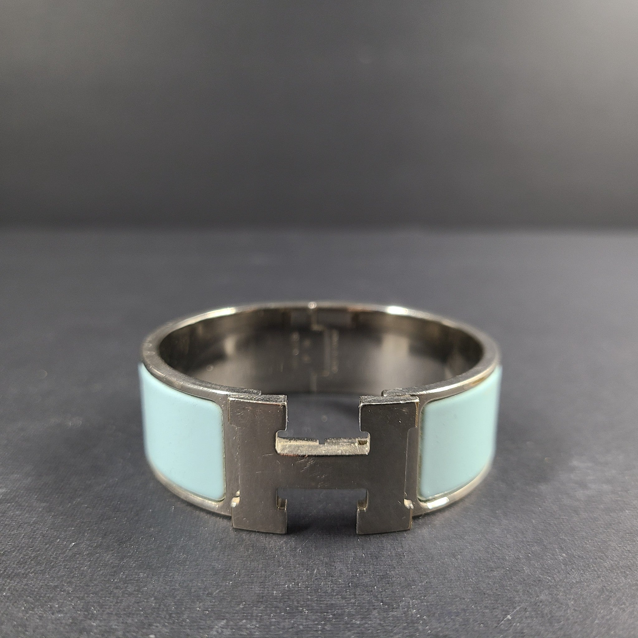 Hermes Clic Clac H Bracelet Silver Enamel Light Blue Wide PM 100% Authentic