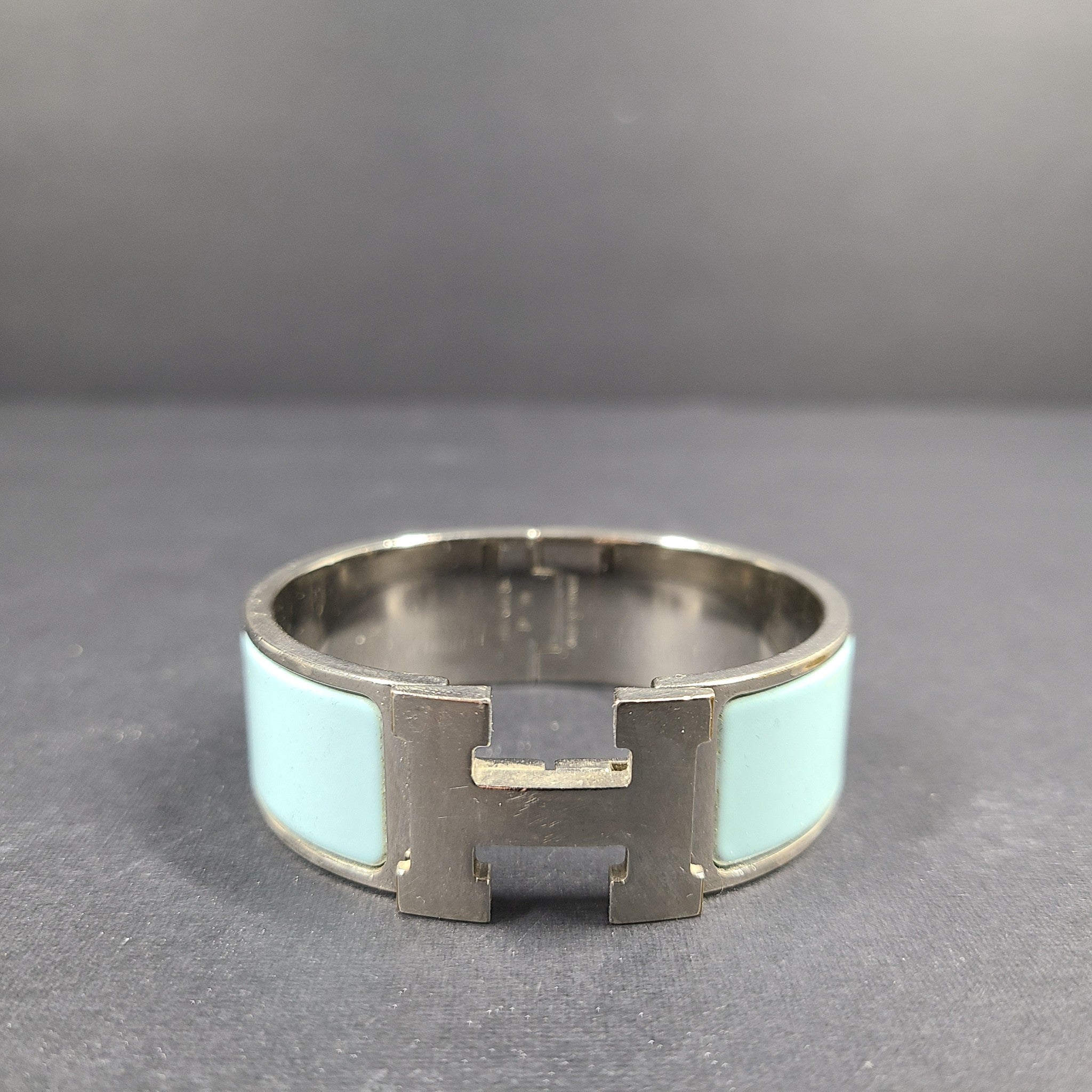 Hermes Clic Clac H Bracelet Silver Enamel Light Blue Wide PM 100% Authentic