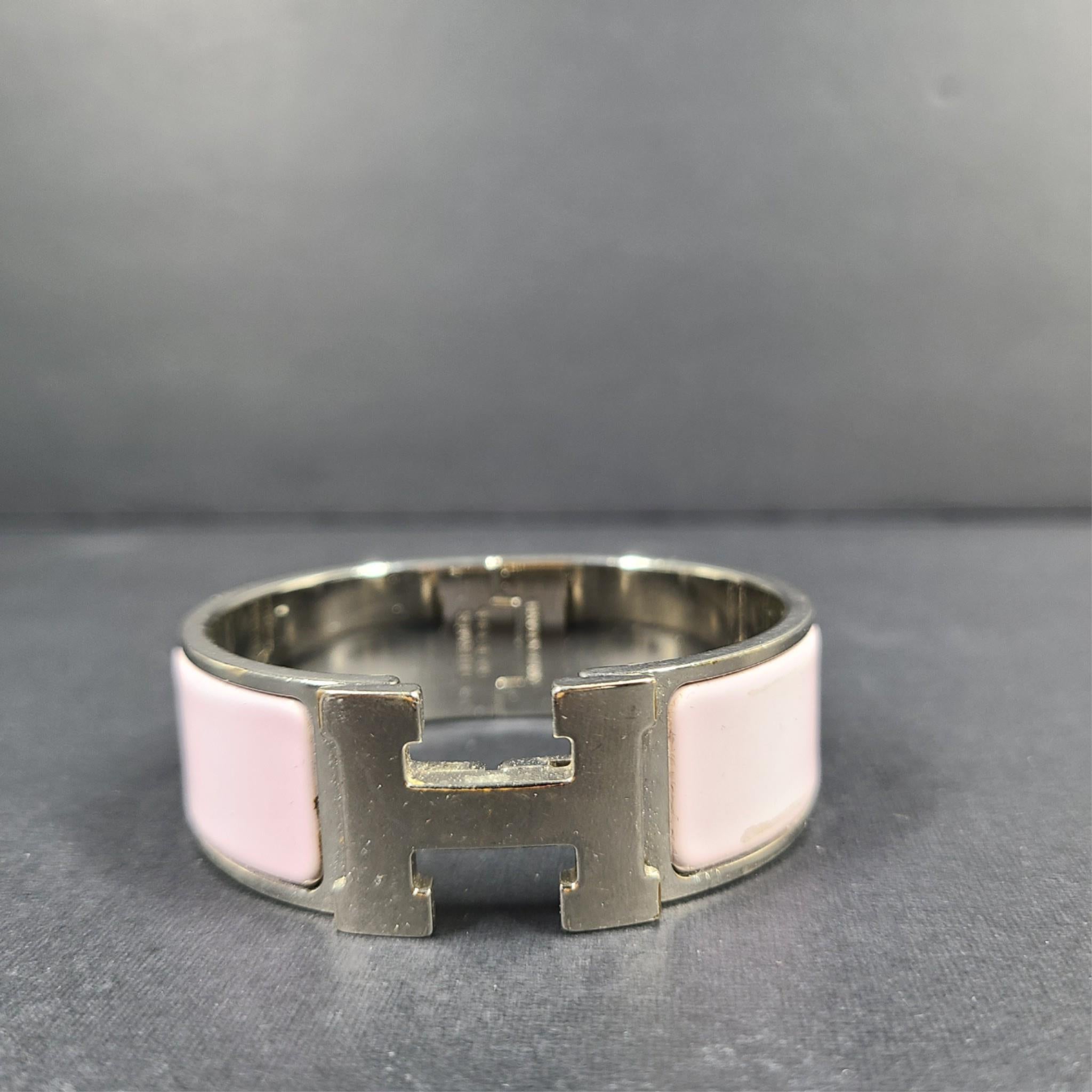 Hermes Clic Clac H Bracelet Silver Enamel Light Pink Wide PM 100% Authentic