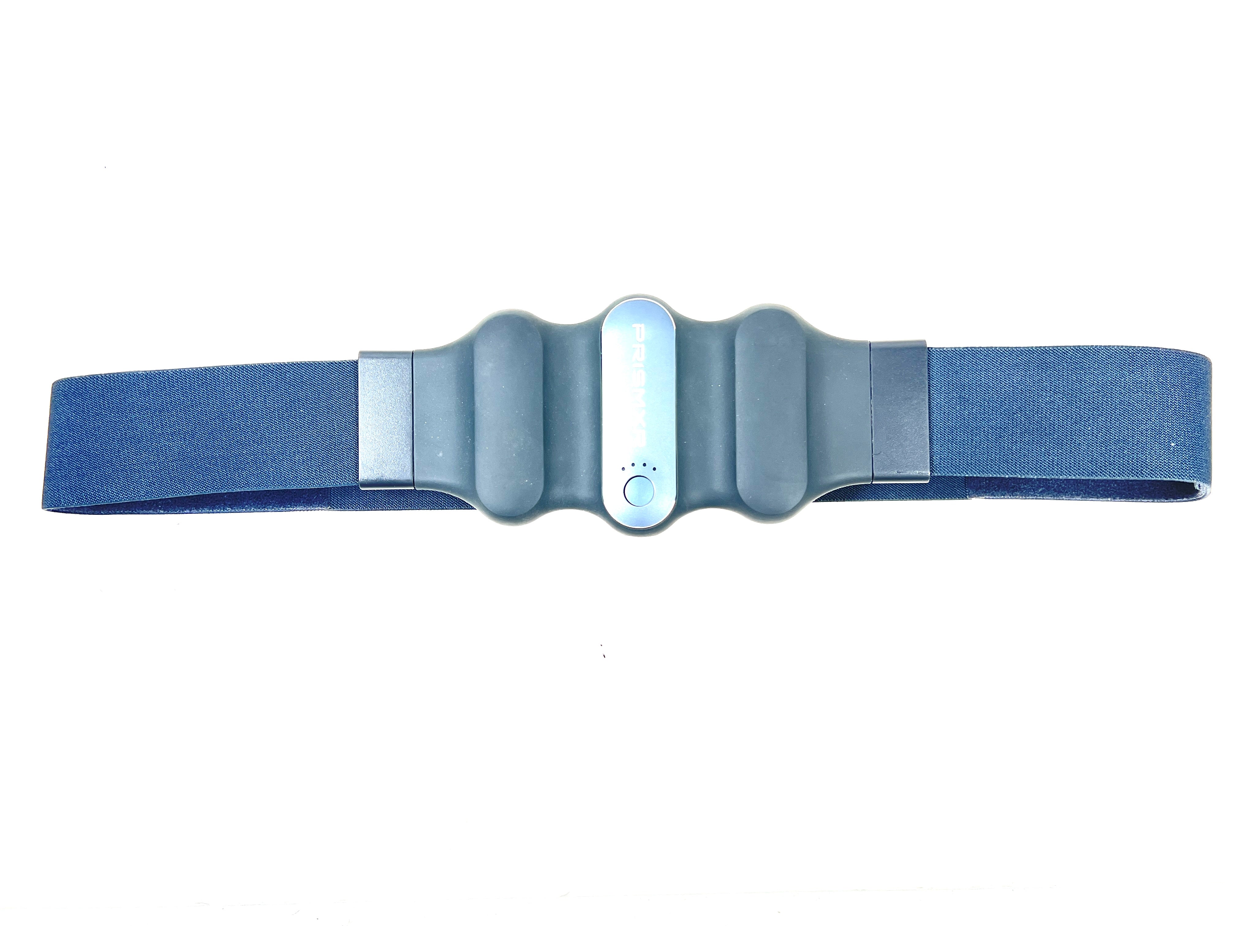 Blue PrismXR Carina W1 wearable haptic belt with contoured padding, power button, and USB-C charging port