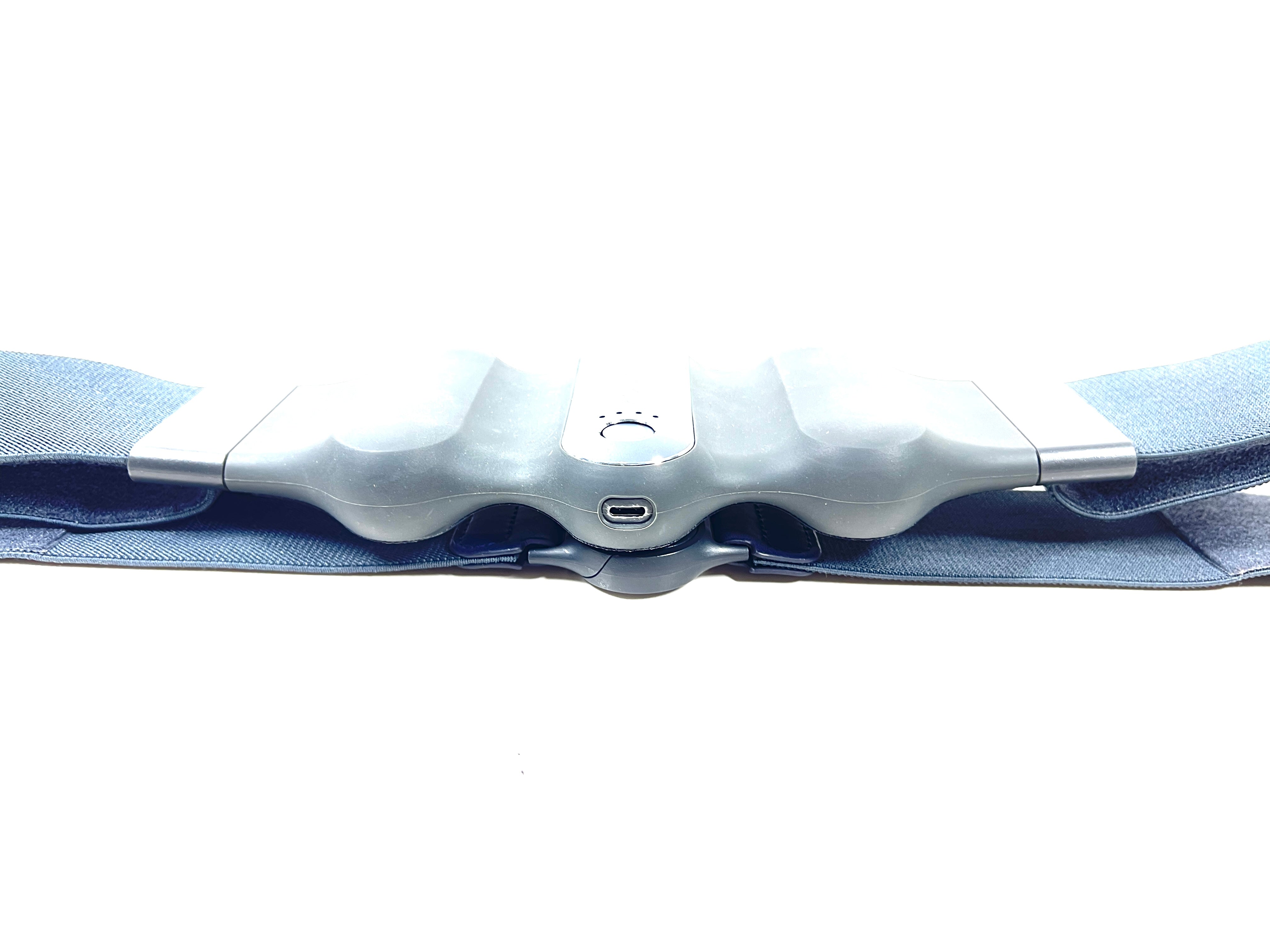 Blue PrismXR Carina W1 wearable haptic belt with contoured padding, power button, and USB-C charging port
