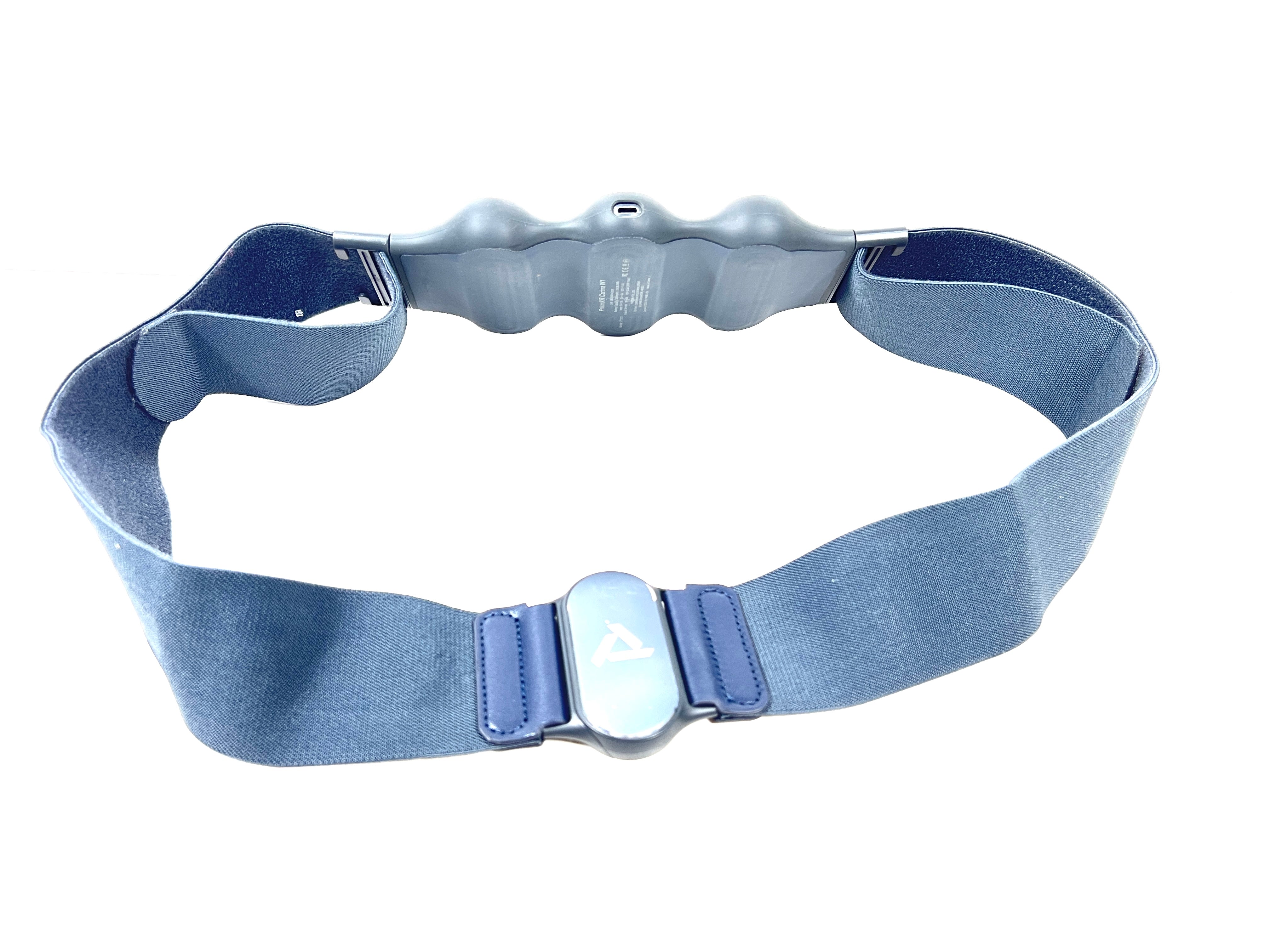 Blue PrismXR Carina W1 wearable haptic belt with contoured padding, power button, and USB-C charging port