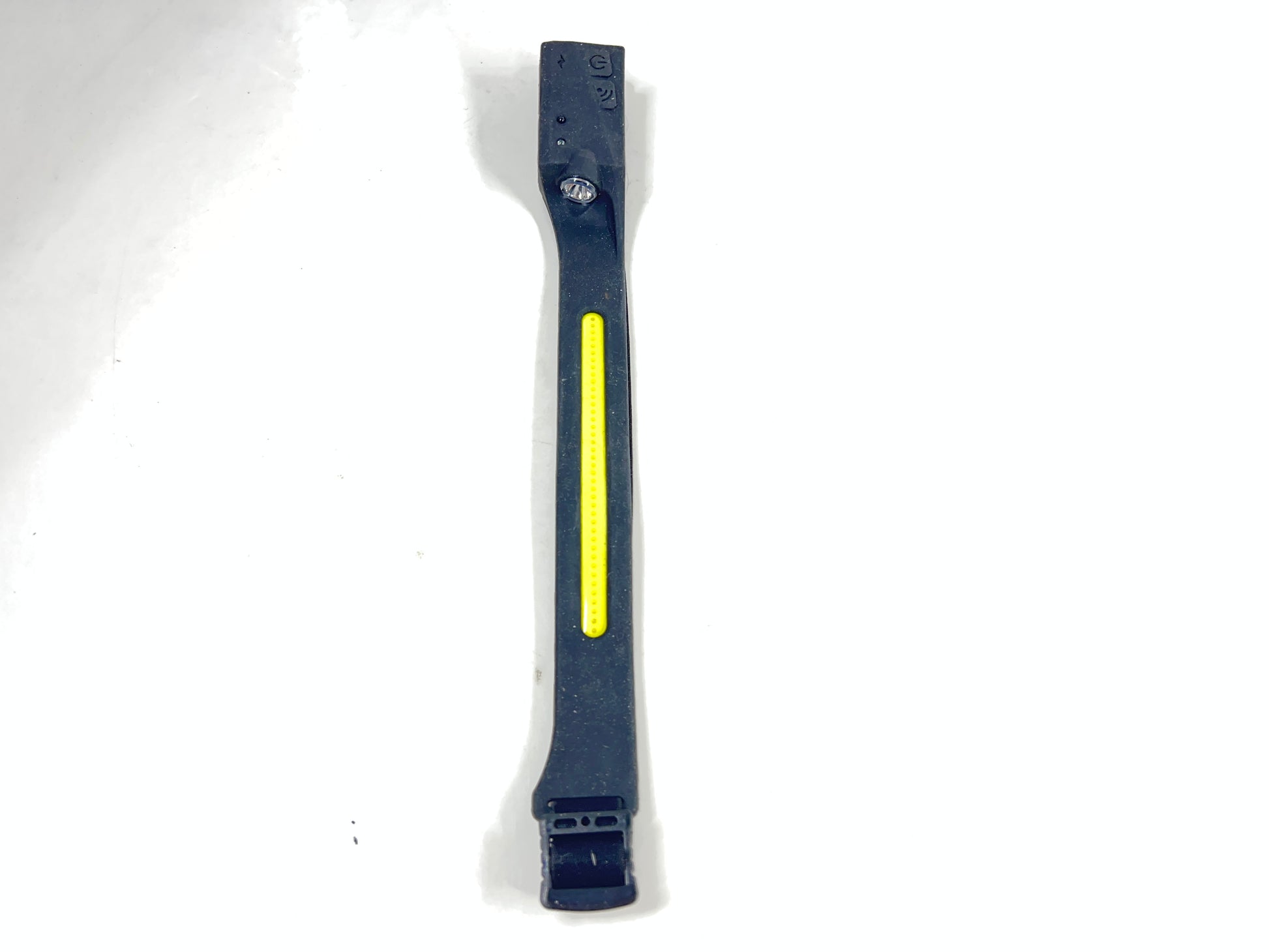 Black and yellow rechargeable headlamp with COB strip and spotlight, shown with adjustable strap and power controls.