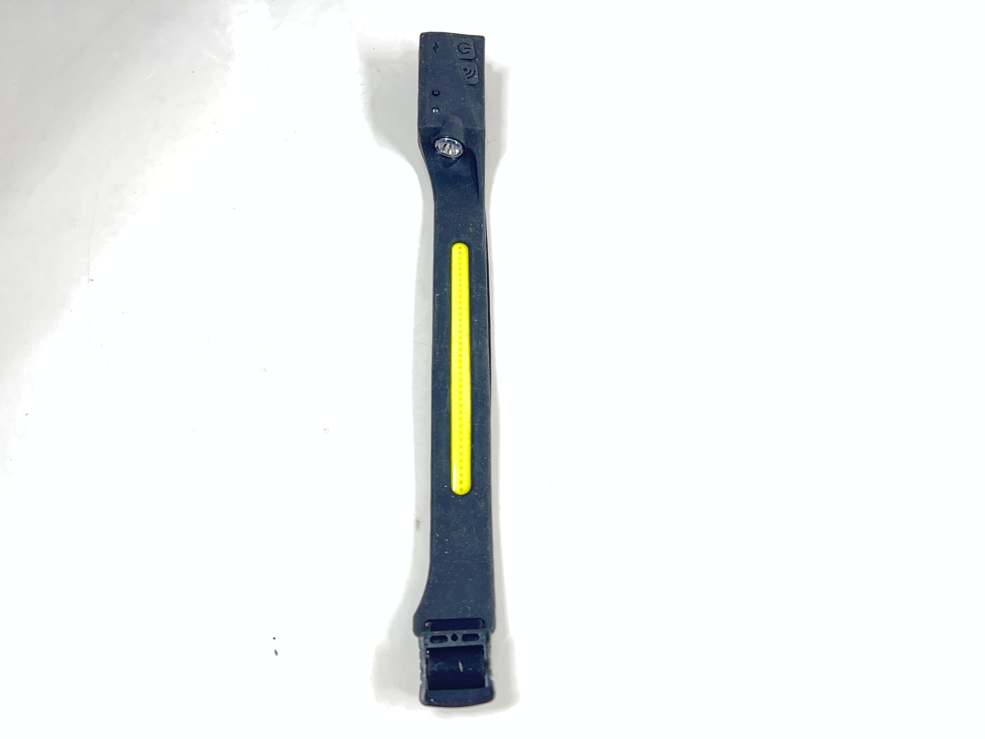 Black and yellow rechargeable headlamp with COB strip and spotlight, shown with adjustable strap and power controls.
