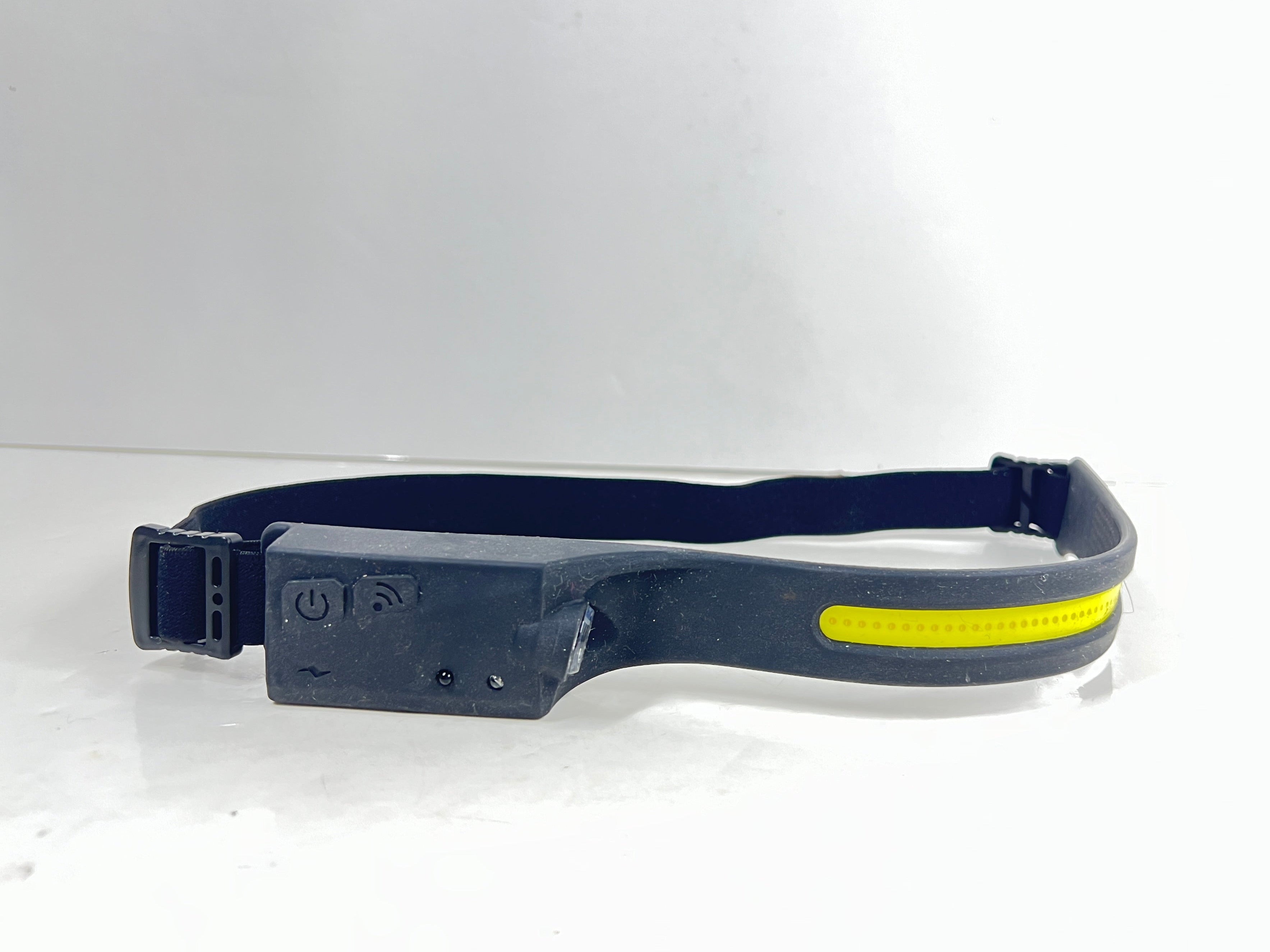 Black and yellow rechargeable headlamp with COB strip and spotlight, shown with adjustable strap and power controls.