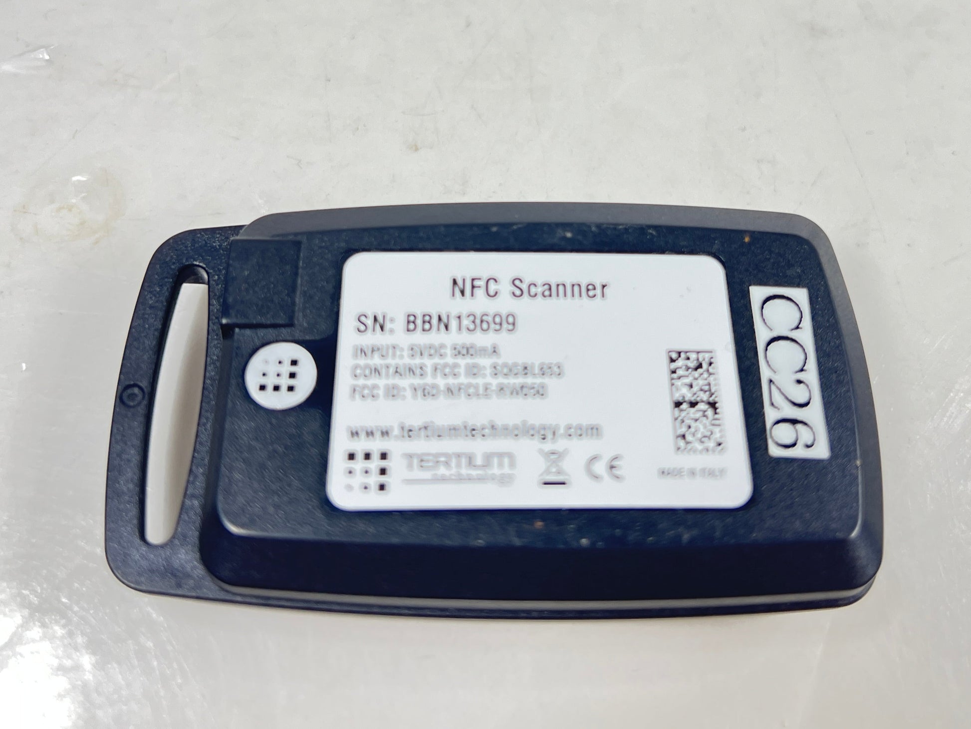 Compact Scanfob NFC-BB2e NFC scanner by Serialio with red target logo and label details
